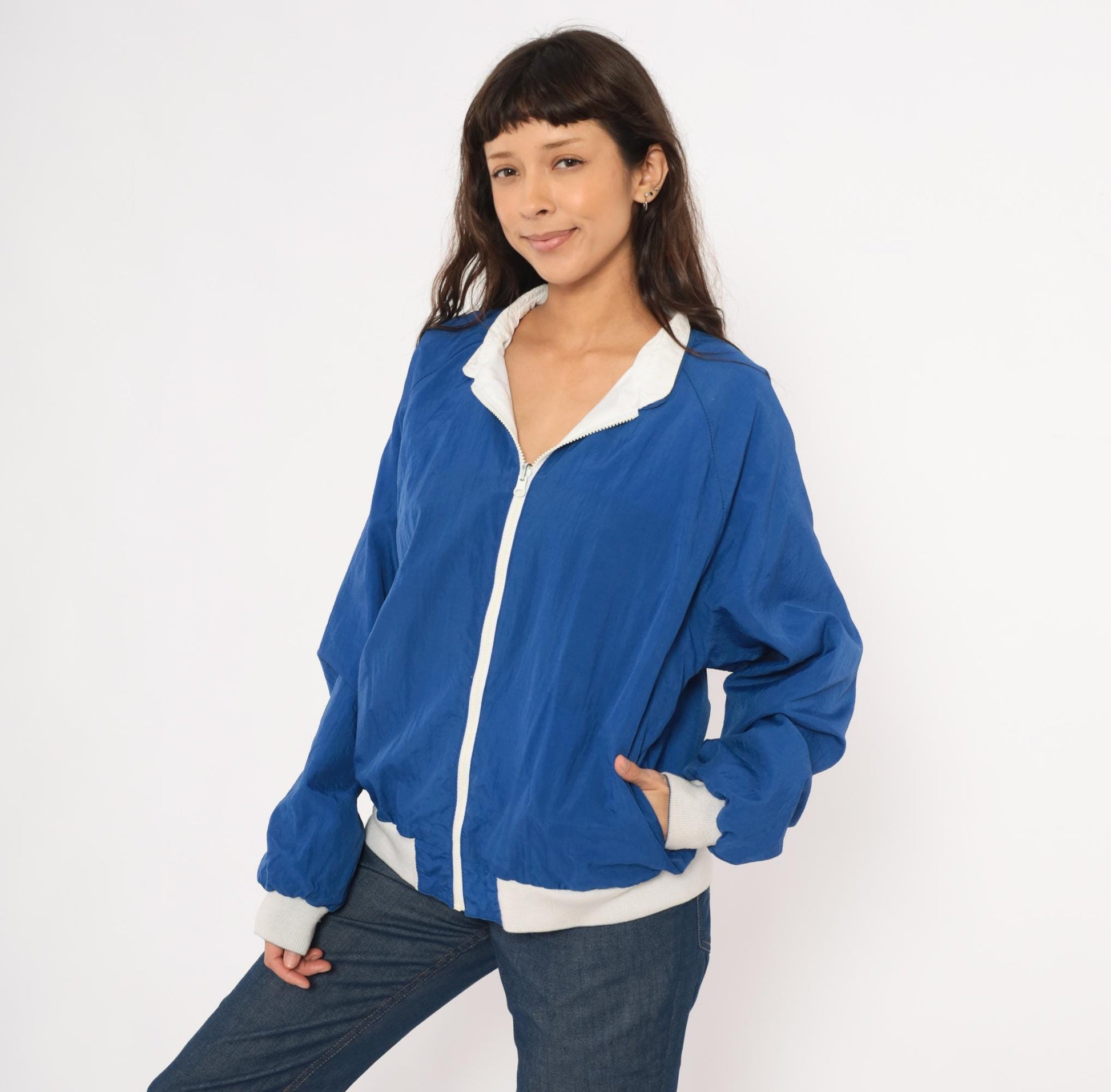 80s Sasson Reversible Windbreaker Blue White Colorblock Raglan Jacket Large