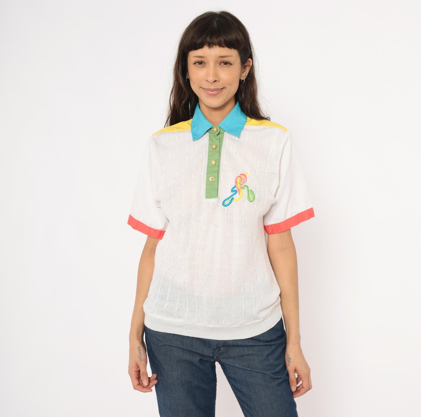 80s Joyce Colorblock Cable Knit Polo Embroidered Multicolor Medium