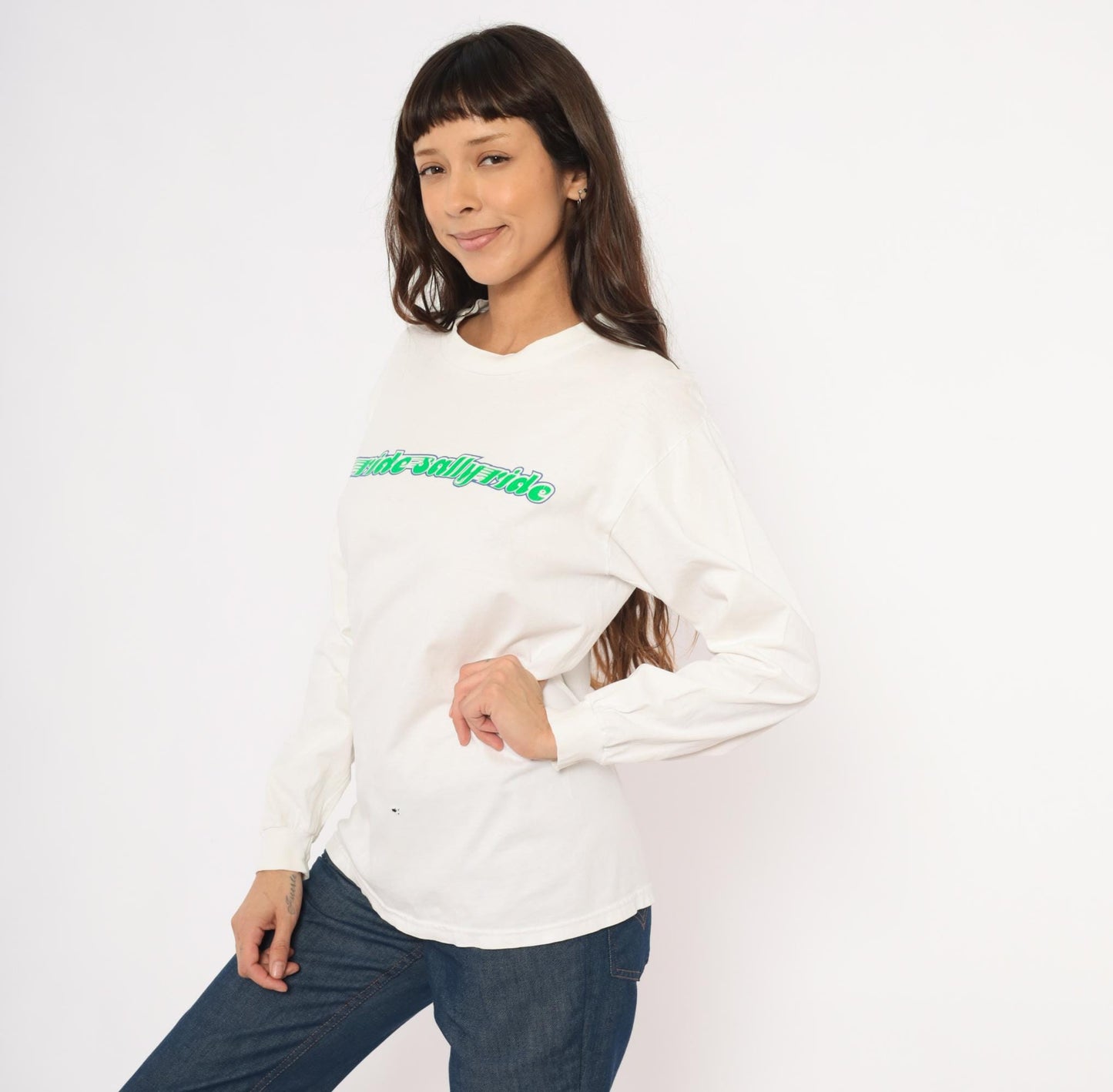 90s Hanes Ride Sally Ride Long Sleeve Tee Green Blue Wing Graphic White Medium M