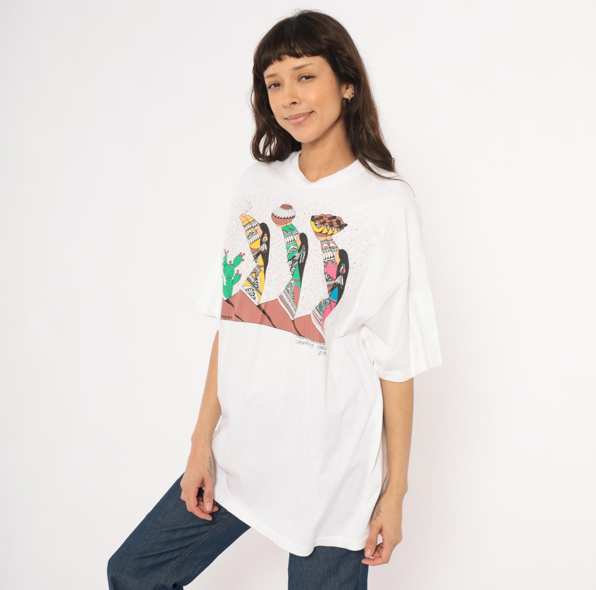 90s Lawrence Vargas Harvest Maidens Southwestern Graphic Tee White Cotton Extra Large XXL