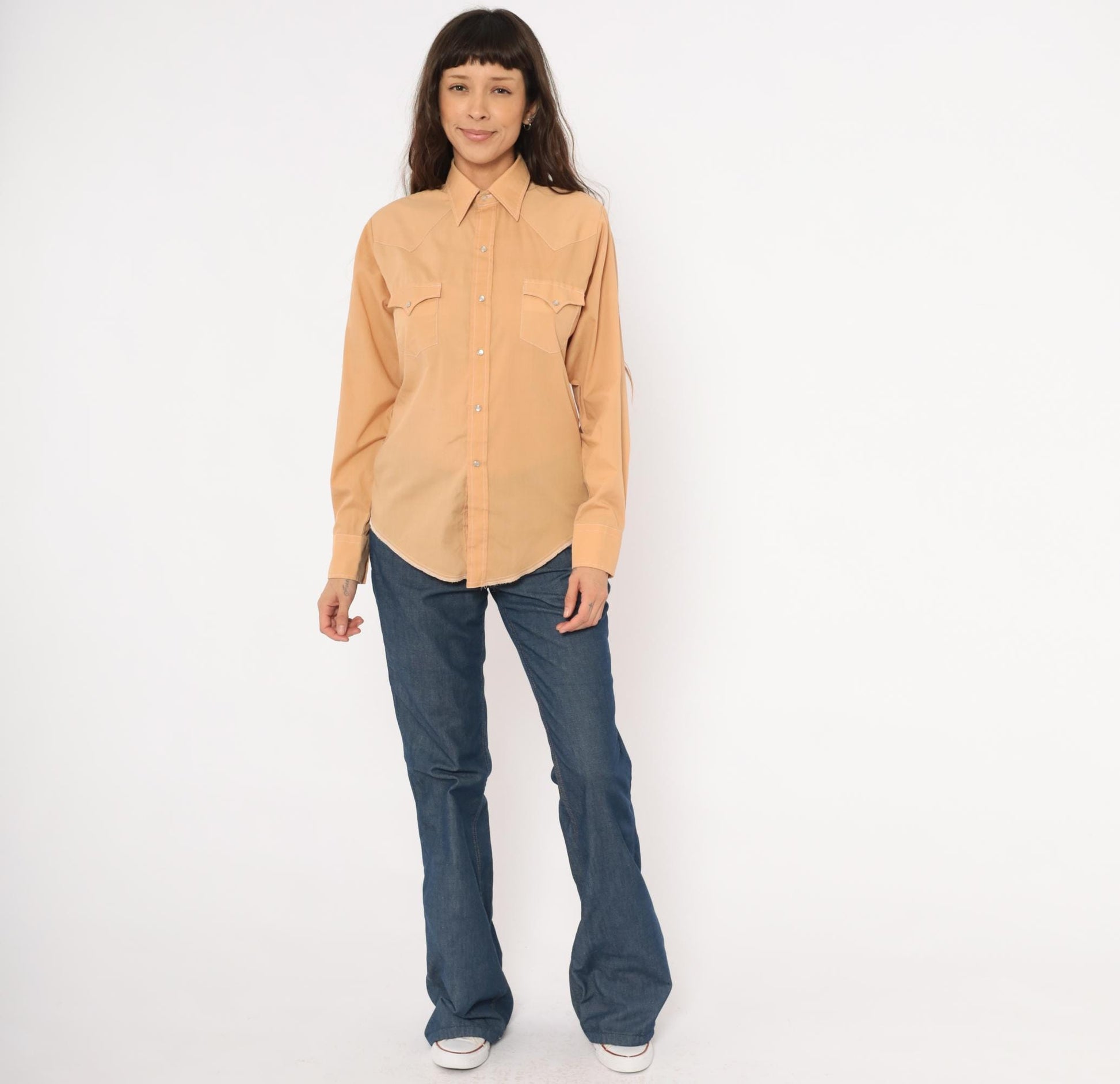 80s Western Fashions Pearl Snap Shirt Peach Cotton Pointed Collar Yoke Small