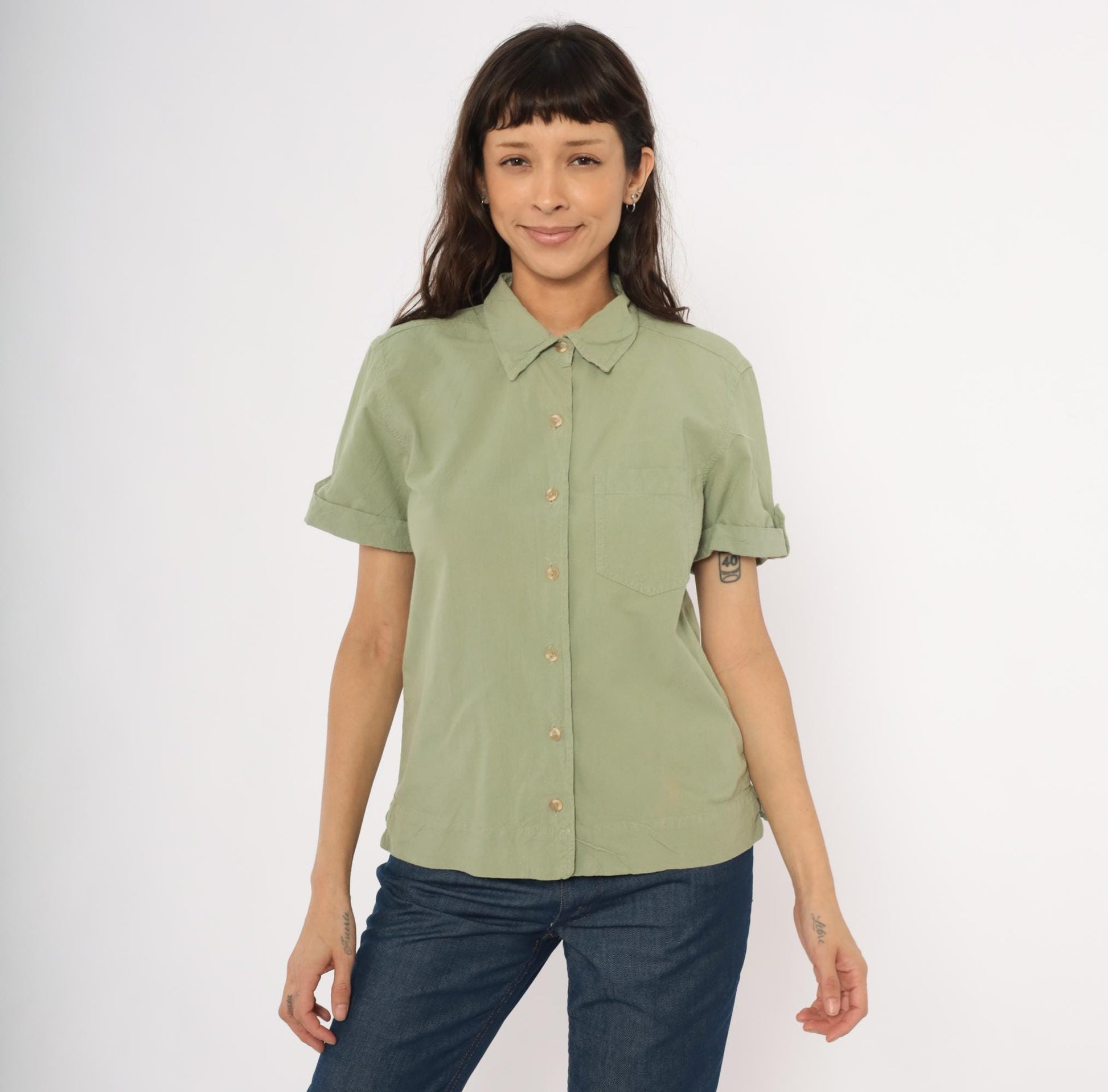 90s Erika & Co Olive Cotton Camp Collar Shirt Sage Green Rolled Sleeve Small