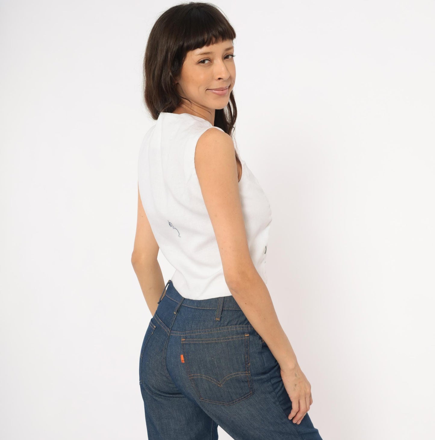 60s Rembrandt Linen Vest White Button Front Sleeveless Crop Top Extra Small XS