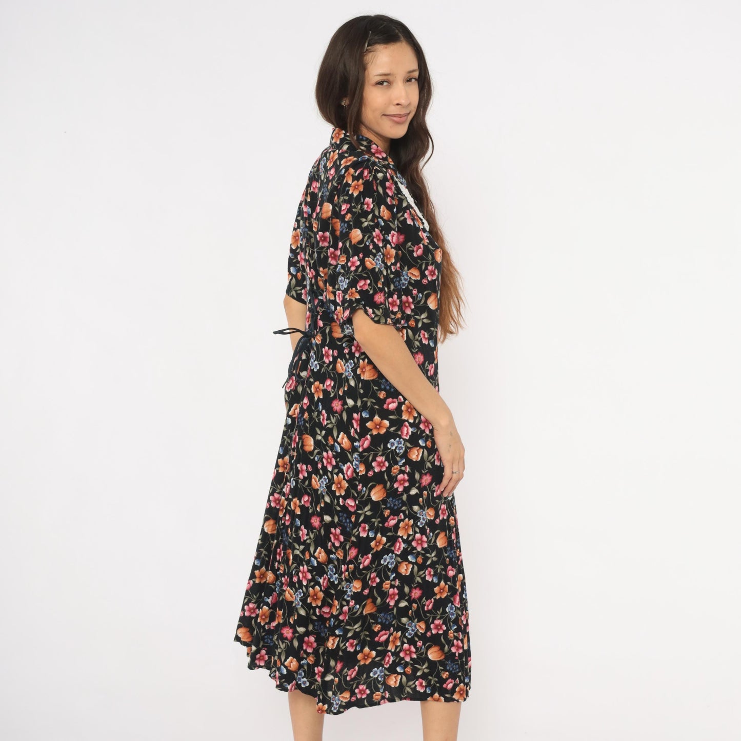 90s Basia Floral Midi Dress Black Lace Collar Pearl Buttons Medium