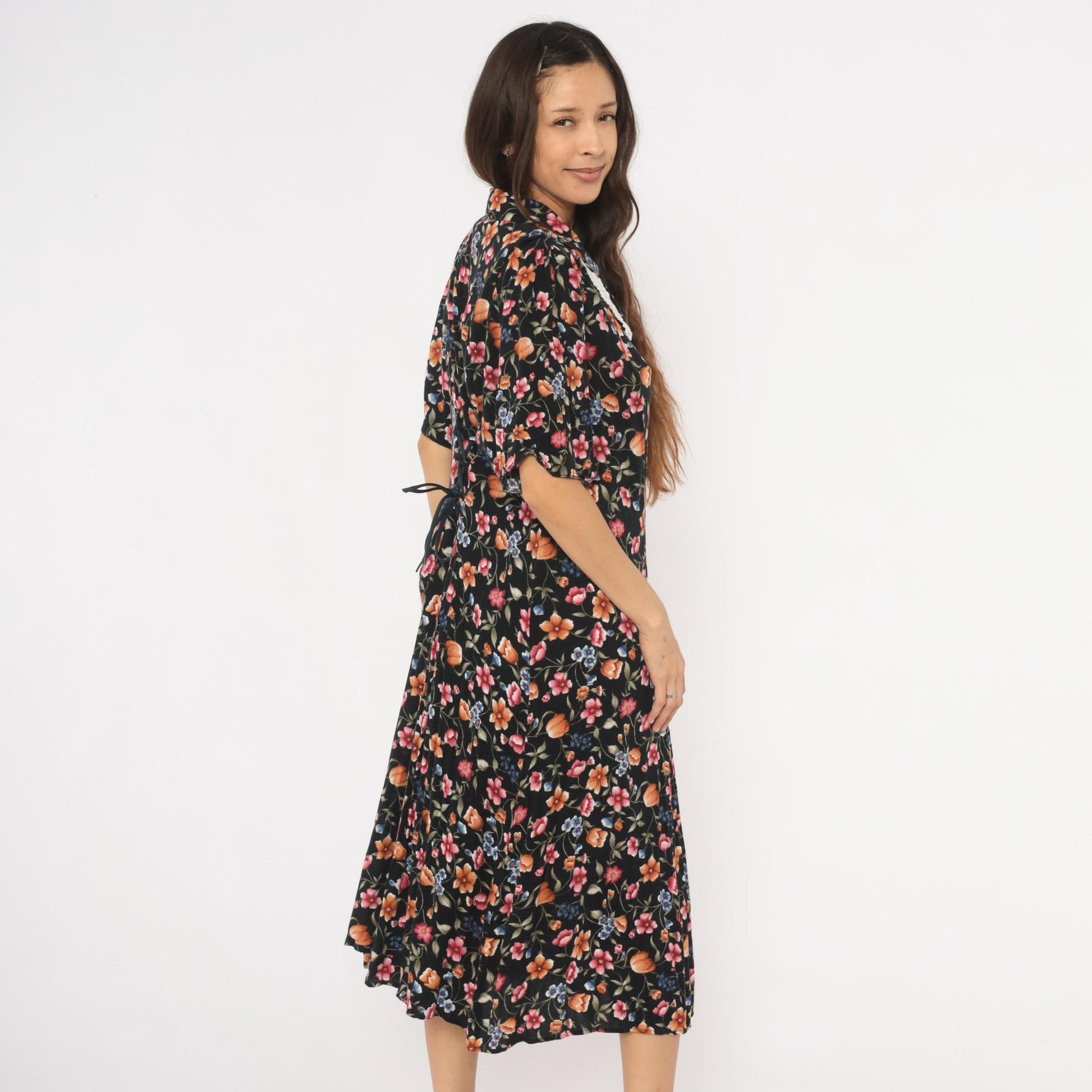 90s Basia Floral Midi Dress Black Lace Collar Pearl Buttons Medium