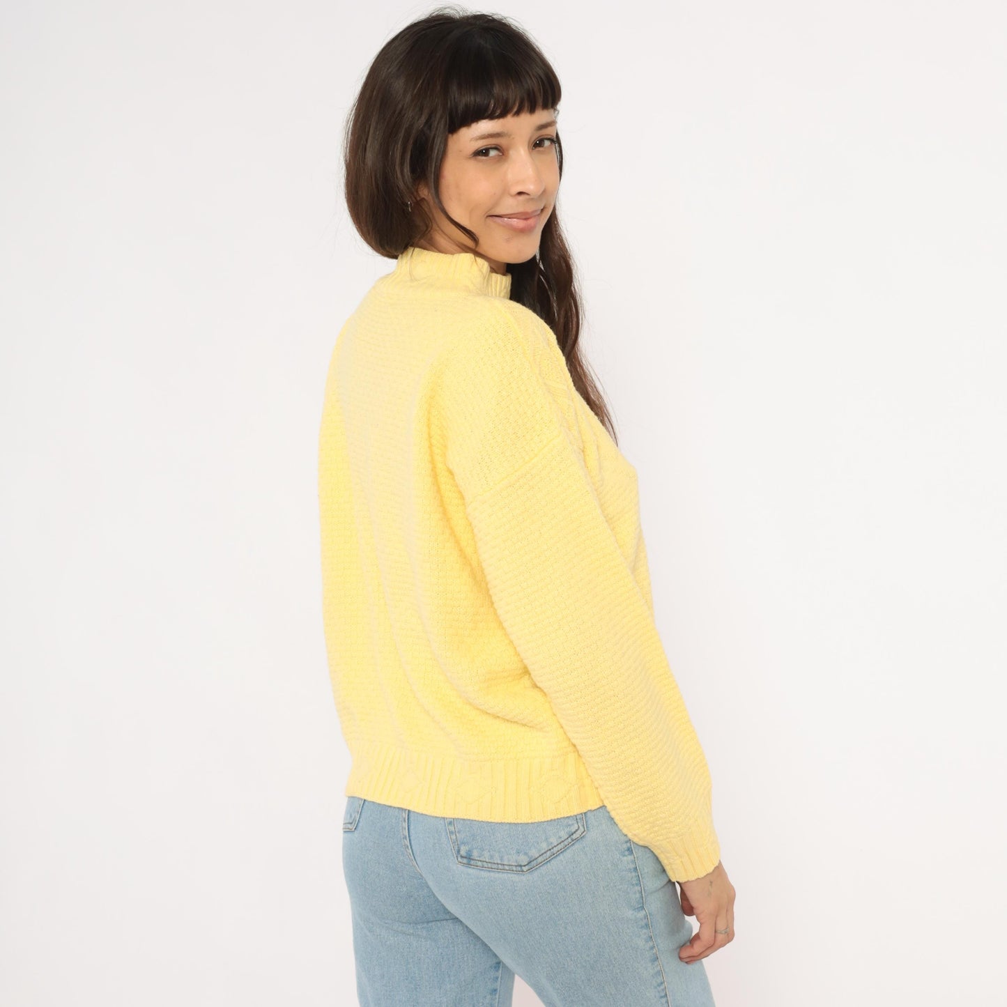 80s Liz Thomas Embroidered Floral Bouquet Knit Pullover Yellow Medium M
