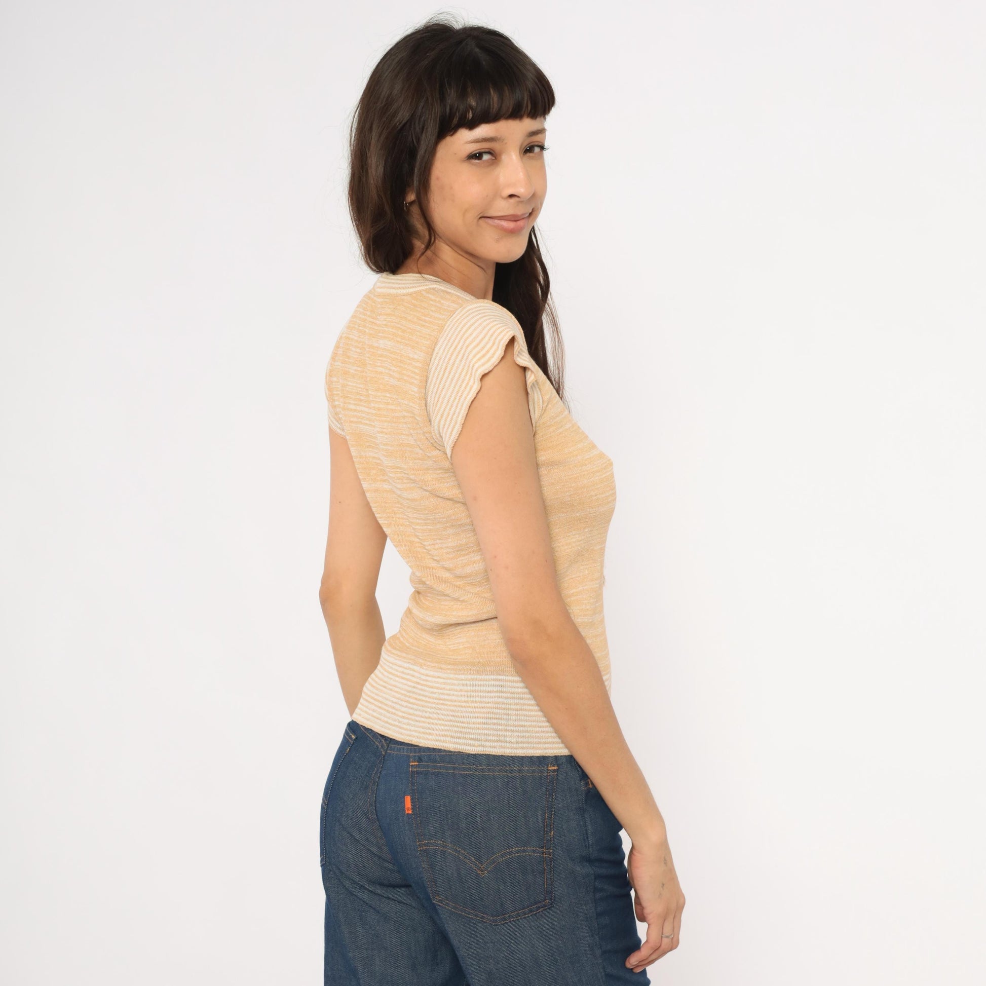 70s Tan Cream Striped Knit Top Cap Sleeve Scoop Neck Small S
