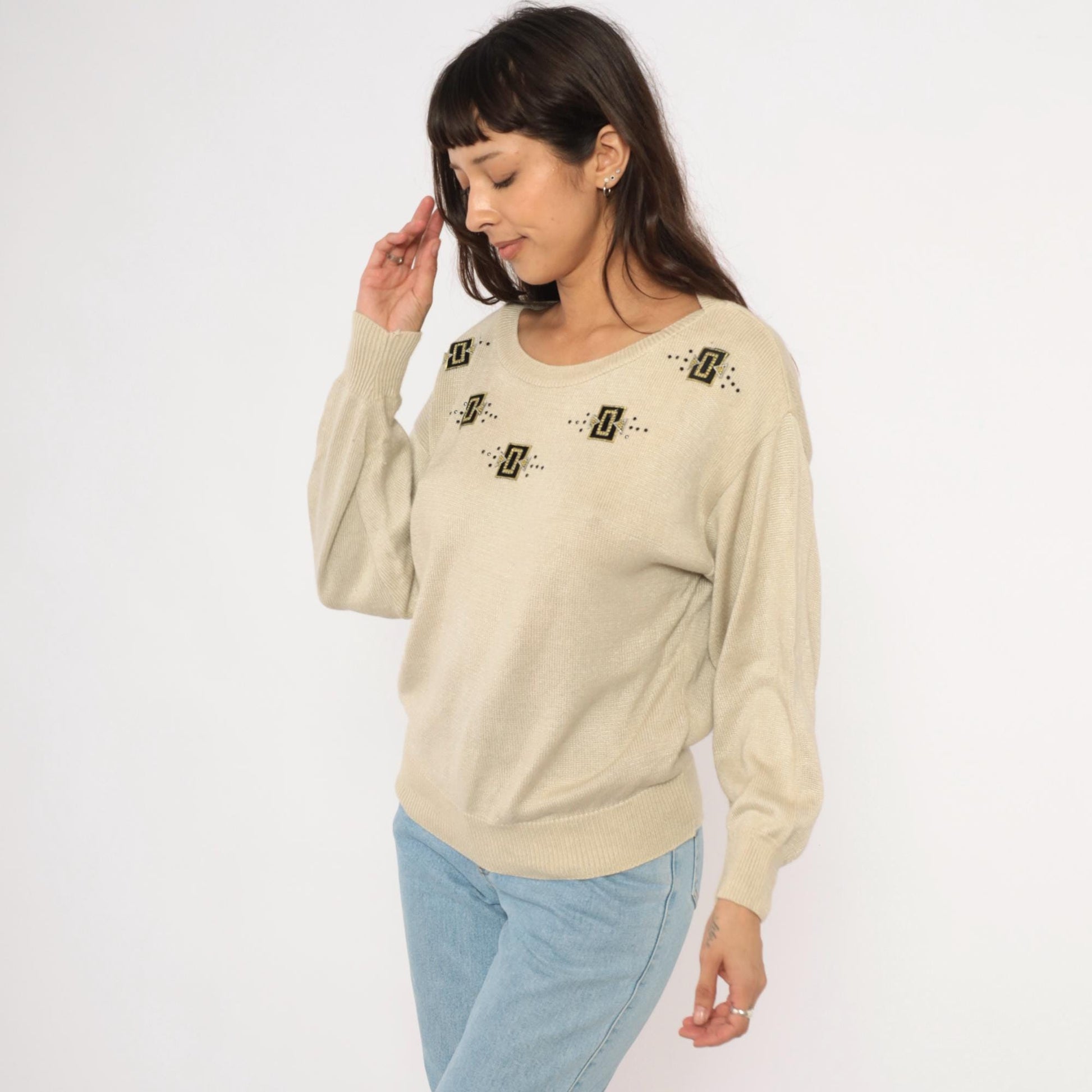 80s Fern Wagner Tan Knit Sweater Beaded Geometric Applique Small