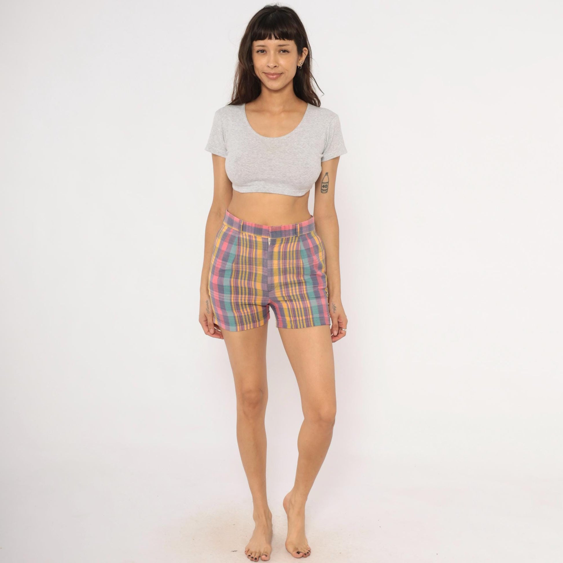 70s Skeets Madras Plaid Shorts Pink Purple Teal High Waist Cotton Medium M