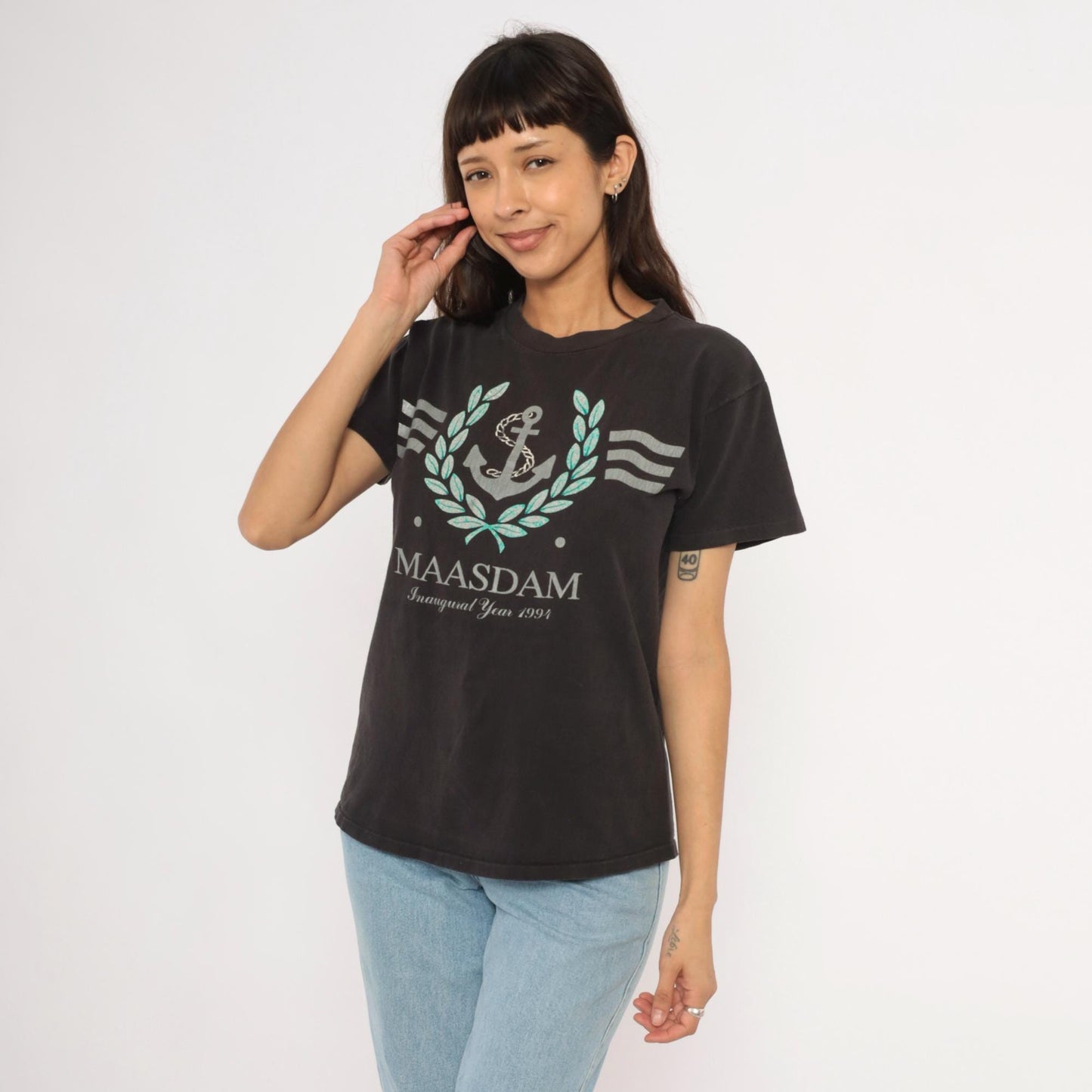 90s MS Maasdam Cruise Ship Graphic Tee Black Cotton Nautical Medium M