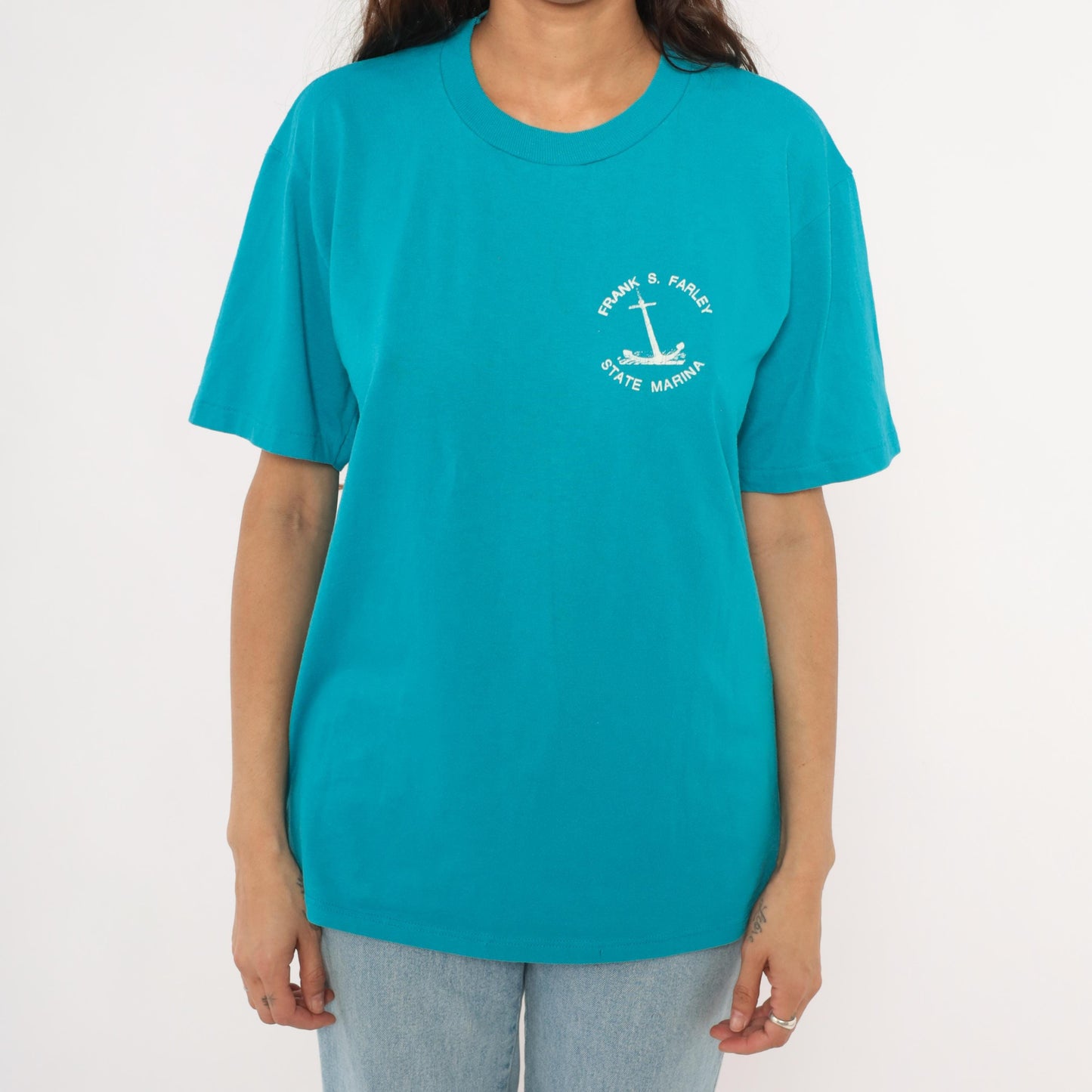 90s Jerzees Frank S. Farley State Marina Anchor Graphic Tee Teal Large L