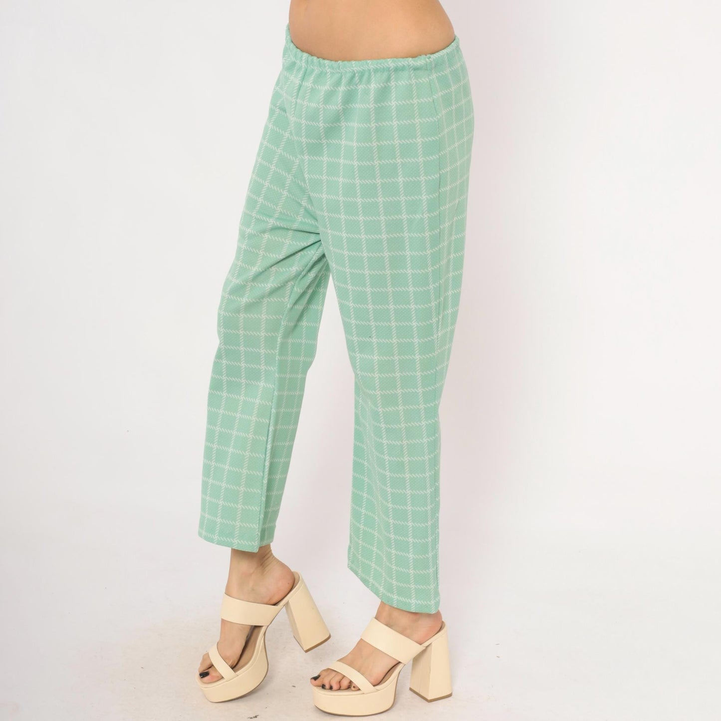 70s Mint Plaid Kick Flare Pants White Windowpane Grid Cropped Medium Large