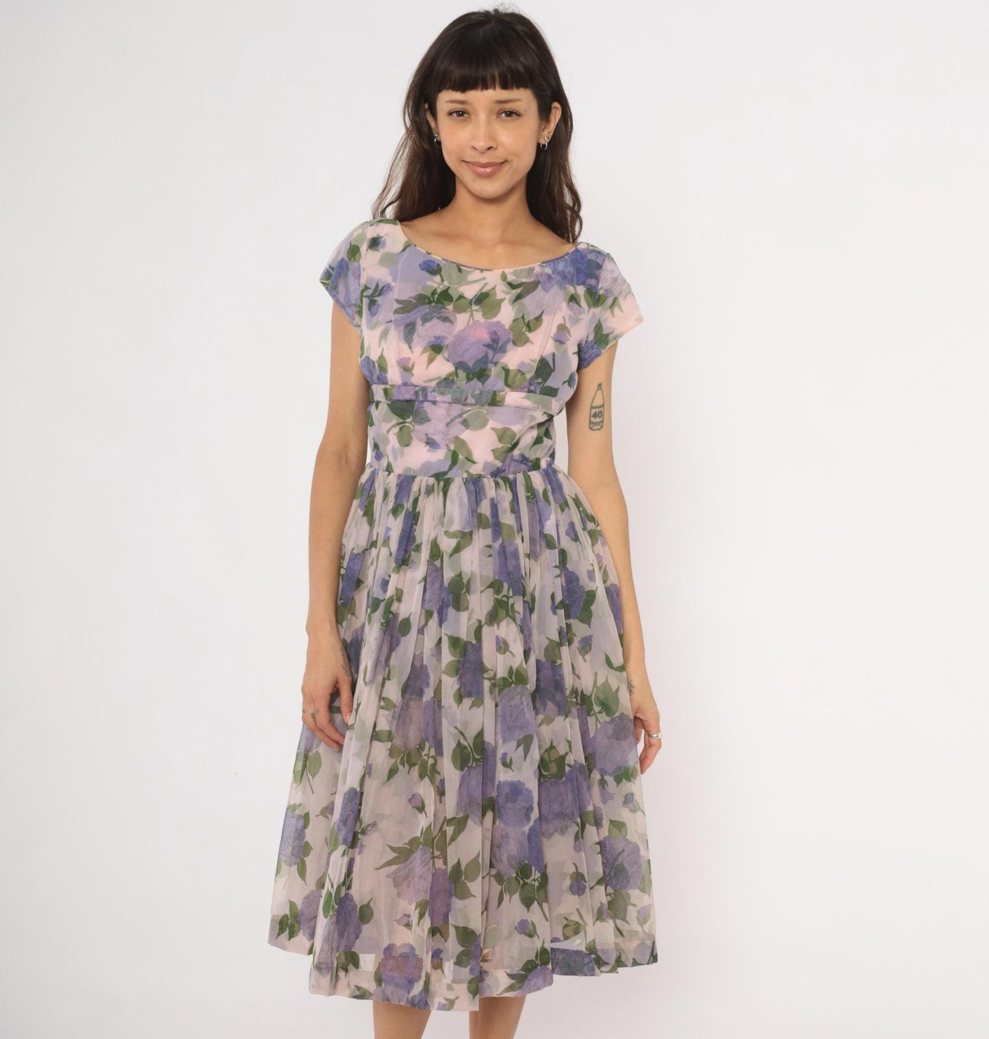 60s Lavender Floral Chiffon Dress Cap Sleeve Fit and Flare Purple Rose Small Medium