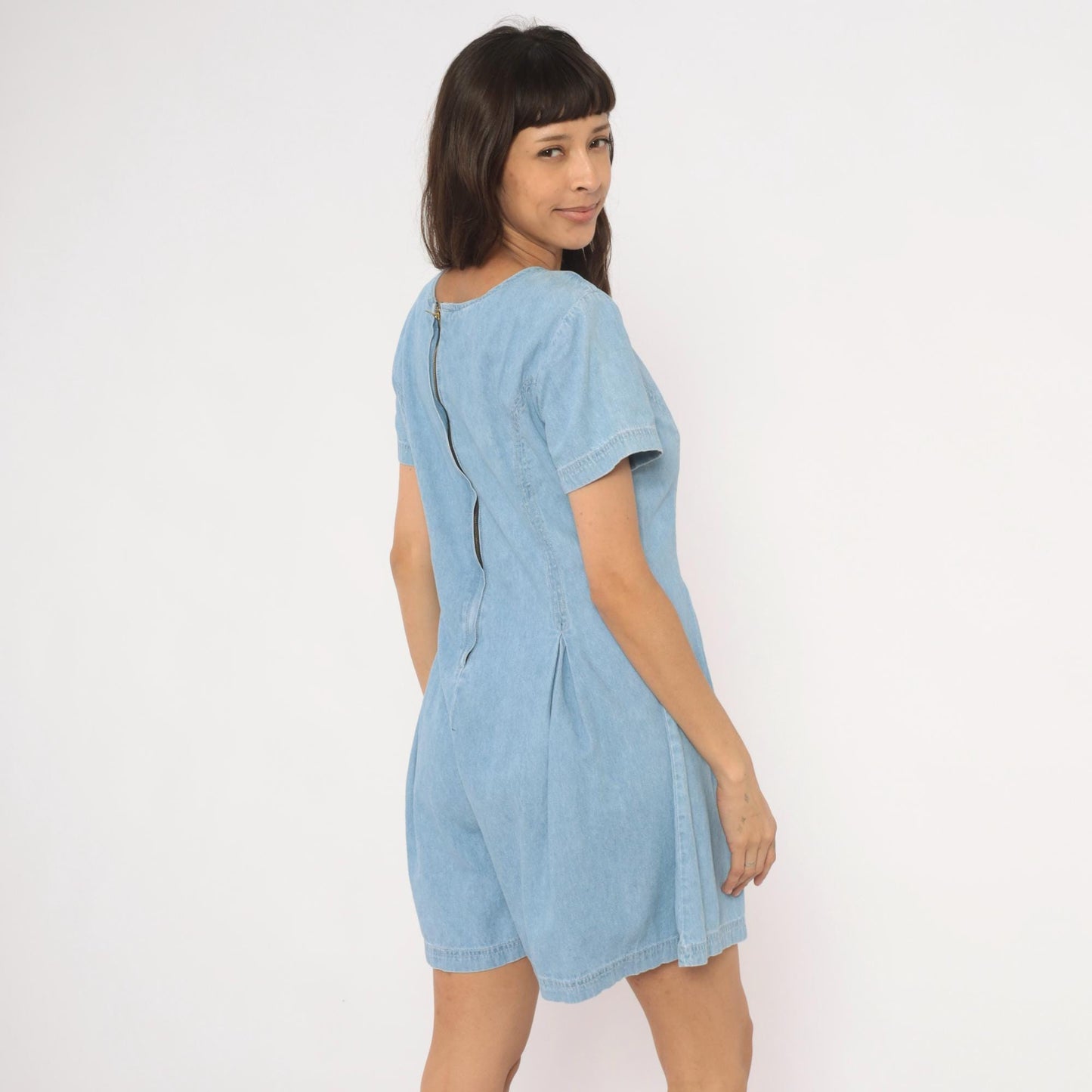 90s Styleworks Denim Romper Light Blue Scoop Neck Pleated Waist Medium M
