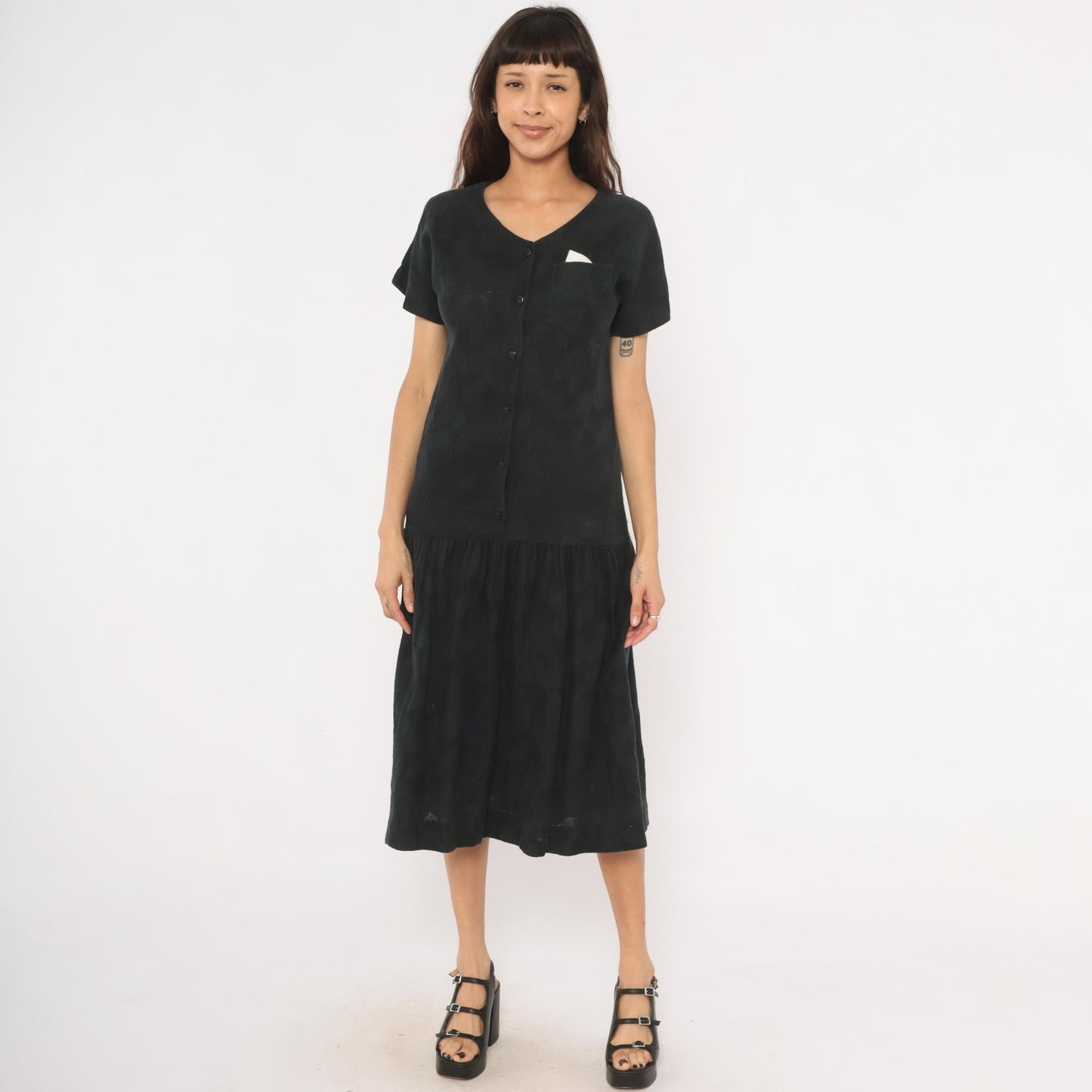 90s Black Cotton Midi Dress Button Front V Neck Drop Waist Small S