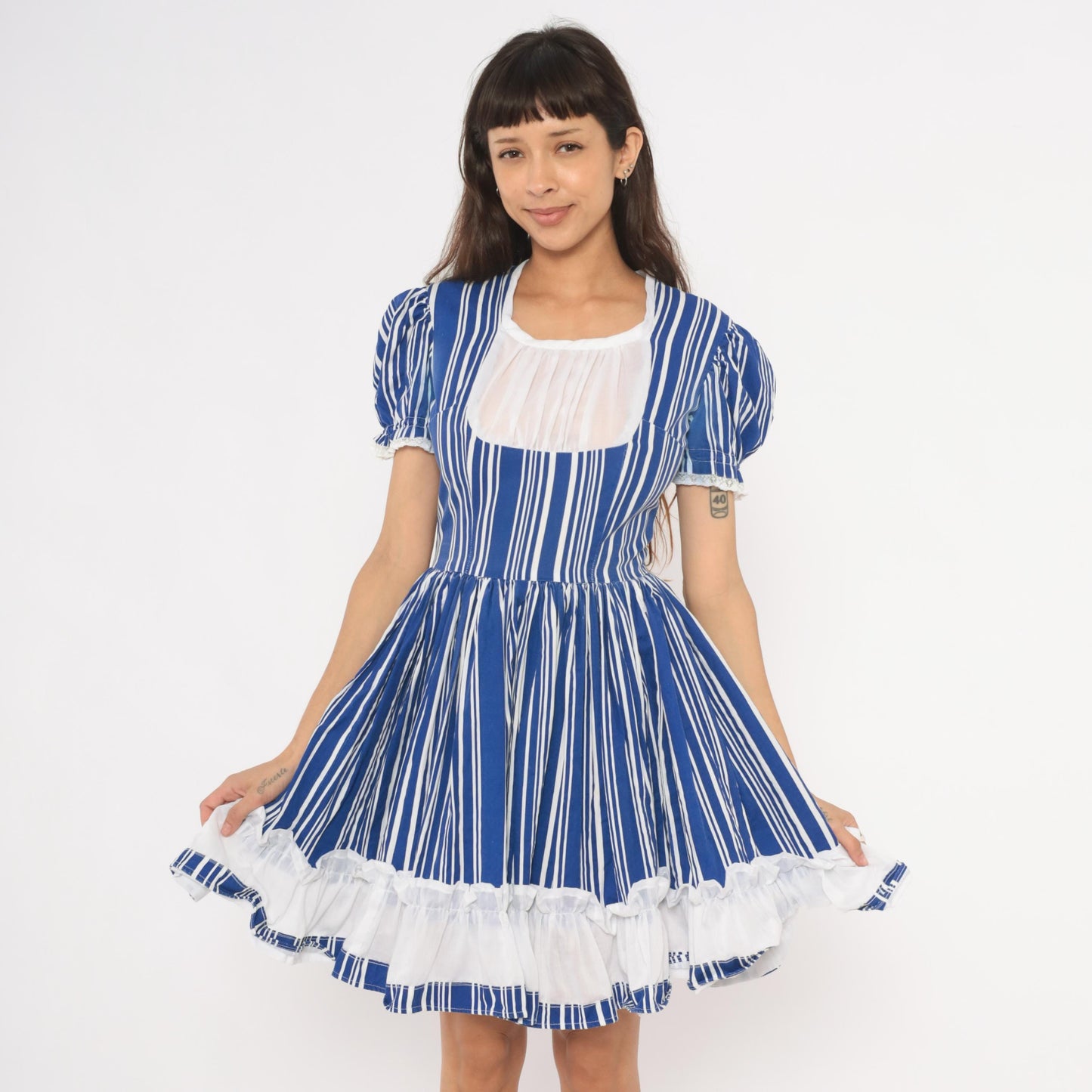 70s Striped Puff Sleeve Mini Dress Blue White Cotton Gathered Skirt Small S