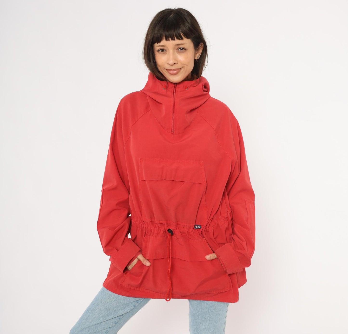 80s Red Anorak Pullover Half-Zip Windbreaker Kangaroo Pocket Jacket Extra Large