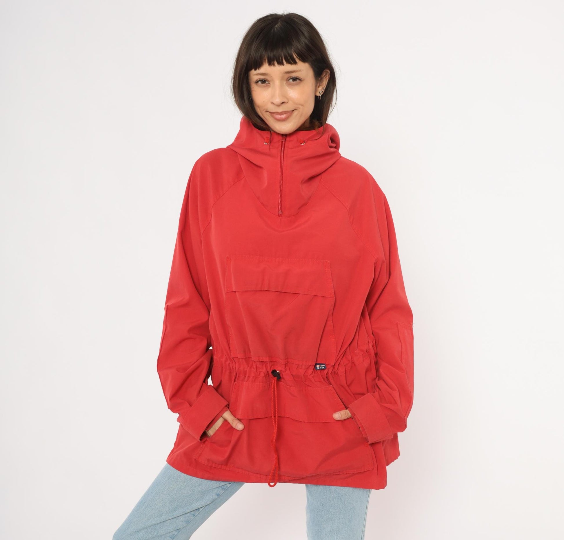 80s Red Anorak Pullover Half-Zip Windbreaker Kangaroo Pocket Jacket Extra Large