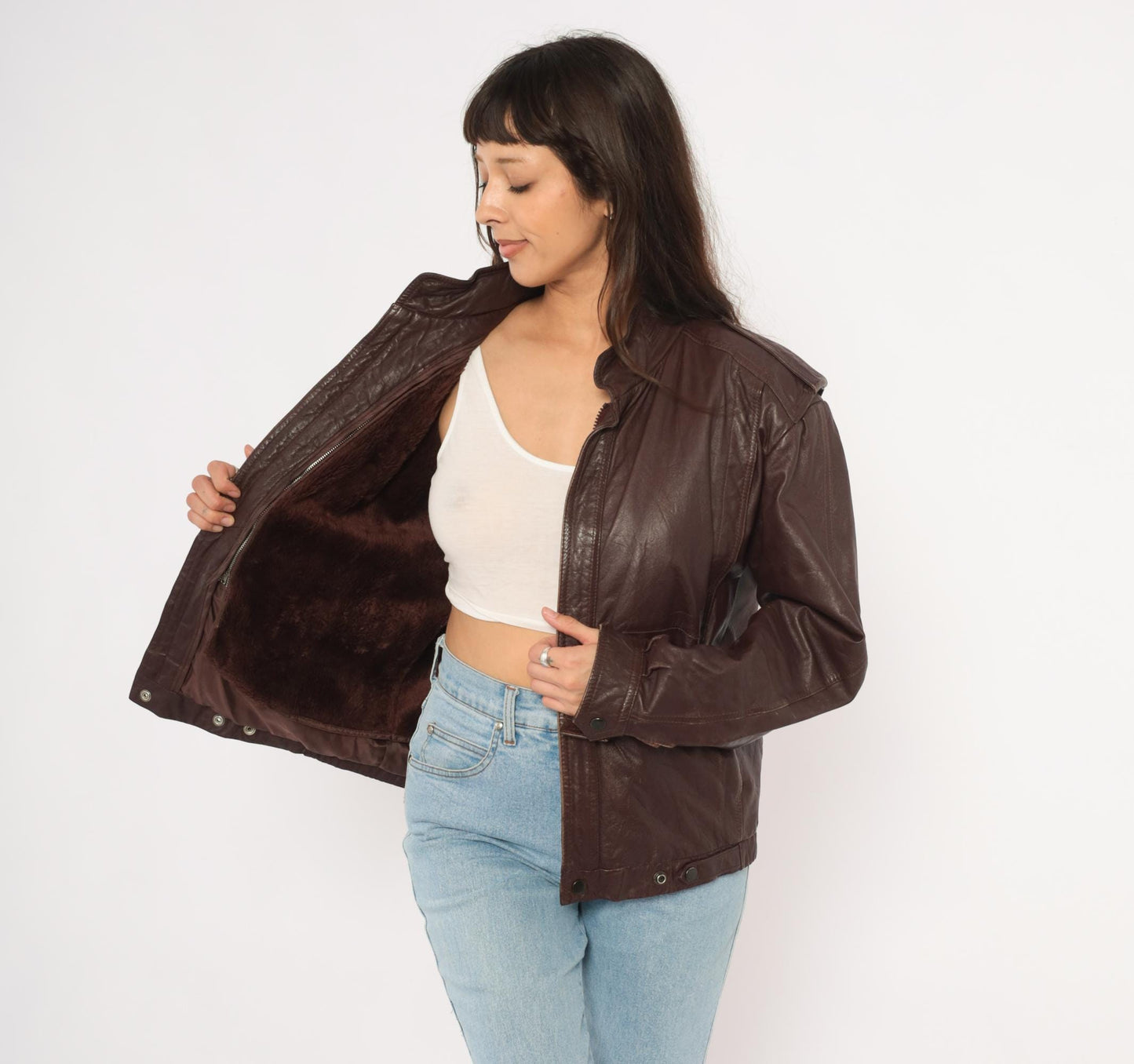 80s Leather Den Burgundy Bomber Jacket Zip Front Moto Coat Medium M
