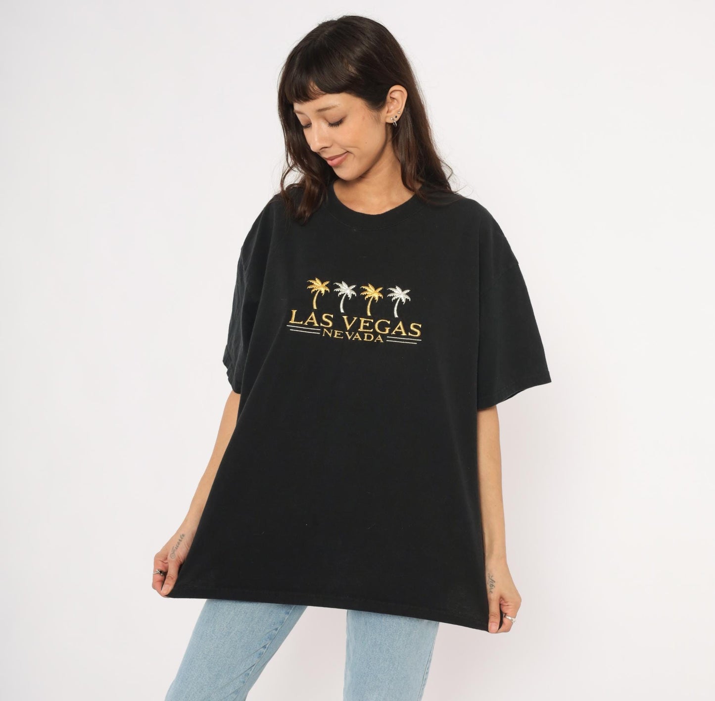 90s Las Vegas Nevada Embroidered Palm Tree Tee Black Cotton Mens Extra Large XL