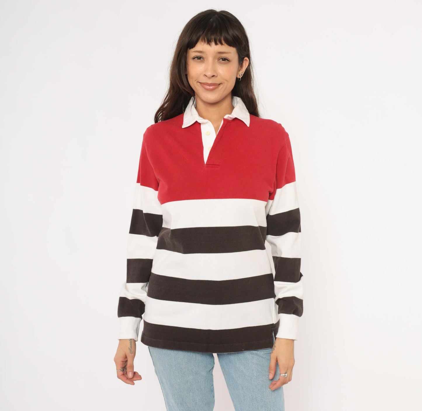 90s Cambridge Classics Rugby Shirt Striped Red White Brown Cotton Small