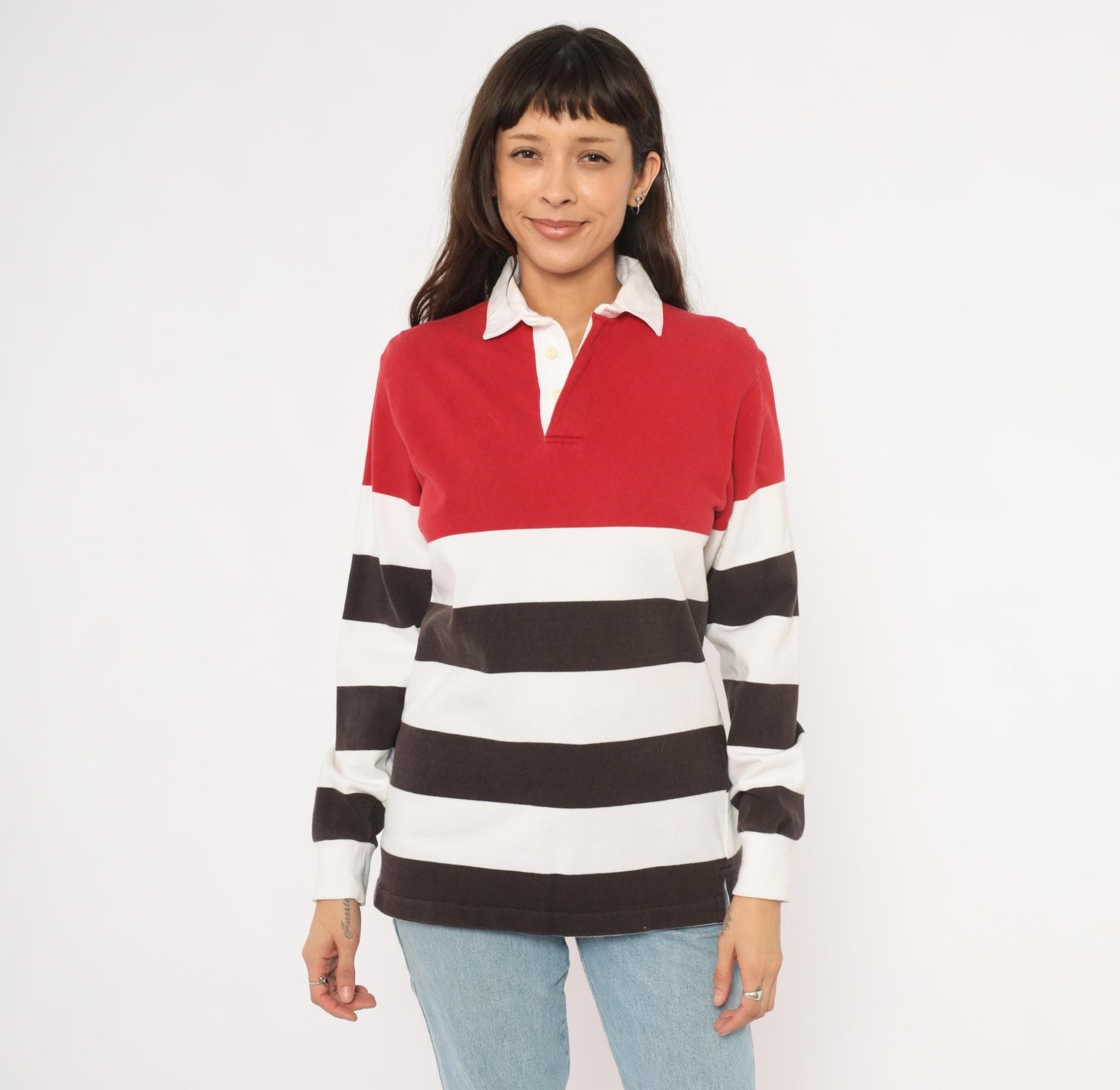 90s Cambridge Classics Rugby Shirt Striped Red White Brown Cotton Small