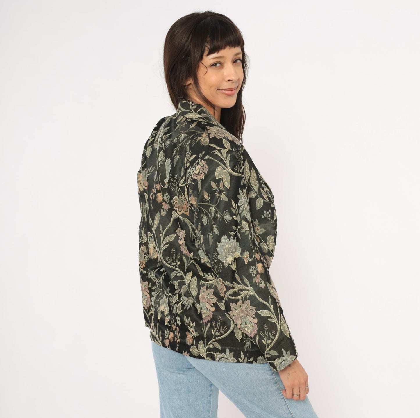90s Z Cavaricci Floral Jacquard Blazer Black Tapestry Cotton Medium M