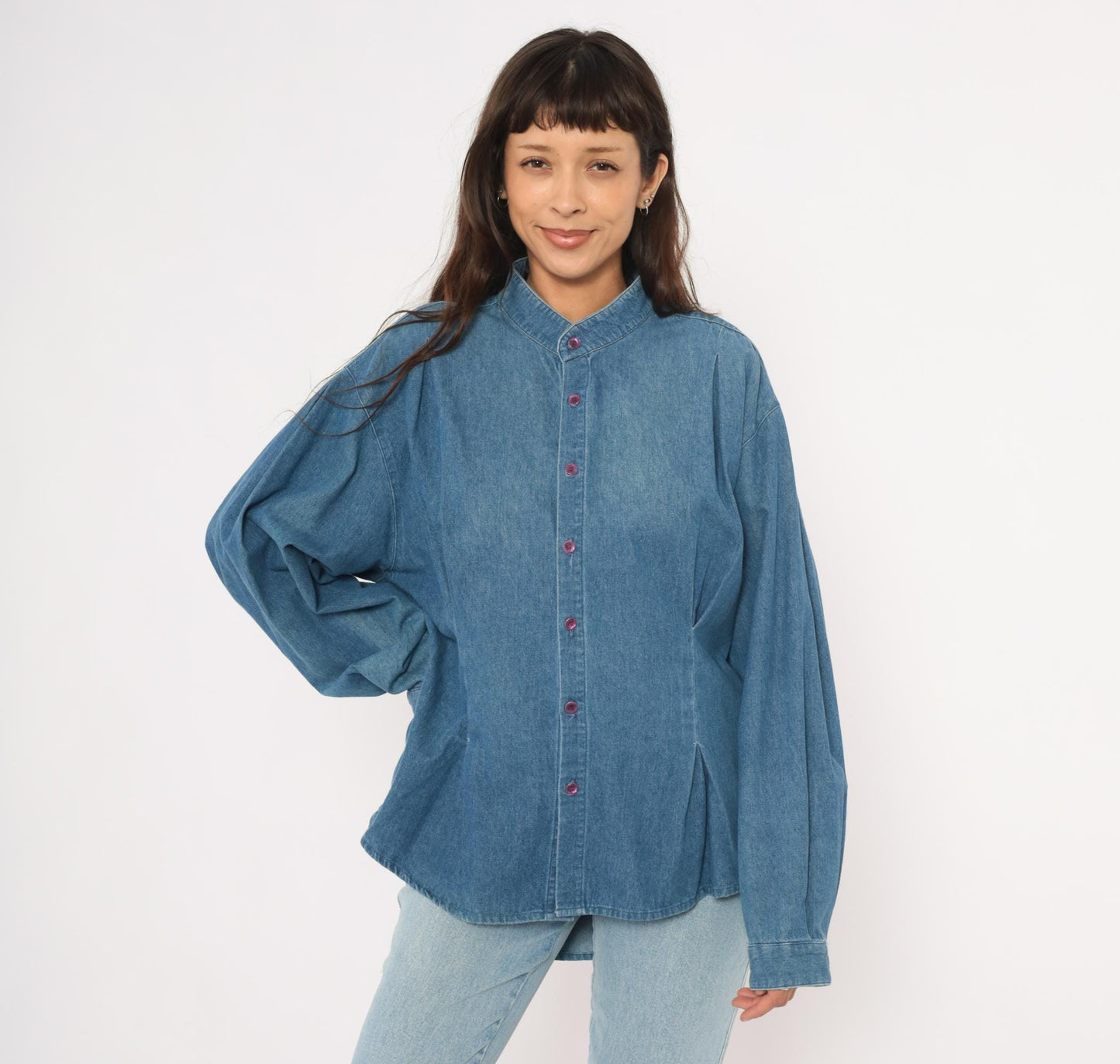 90s International Male Denim Shirt Mandarin Collar Button Front Blue Chambray Large L