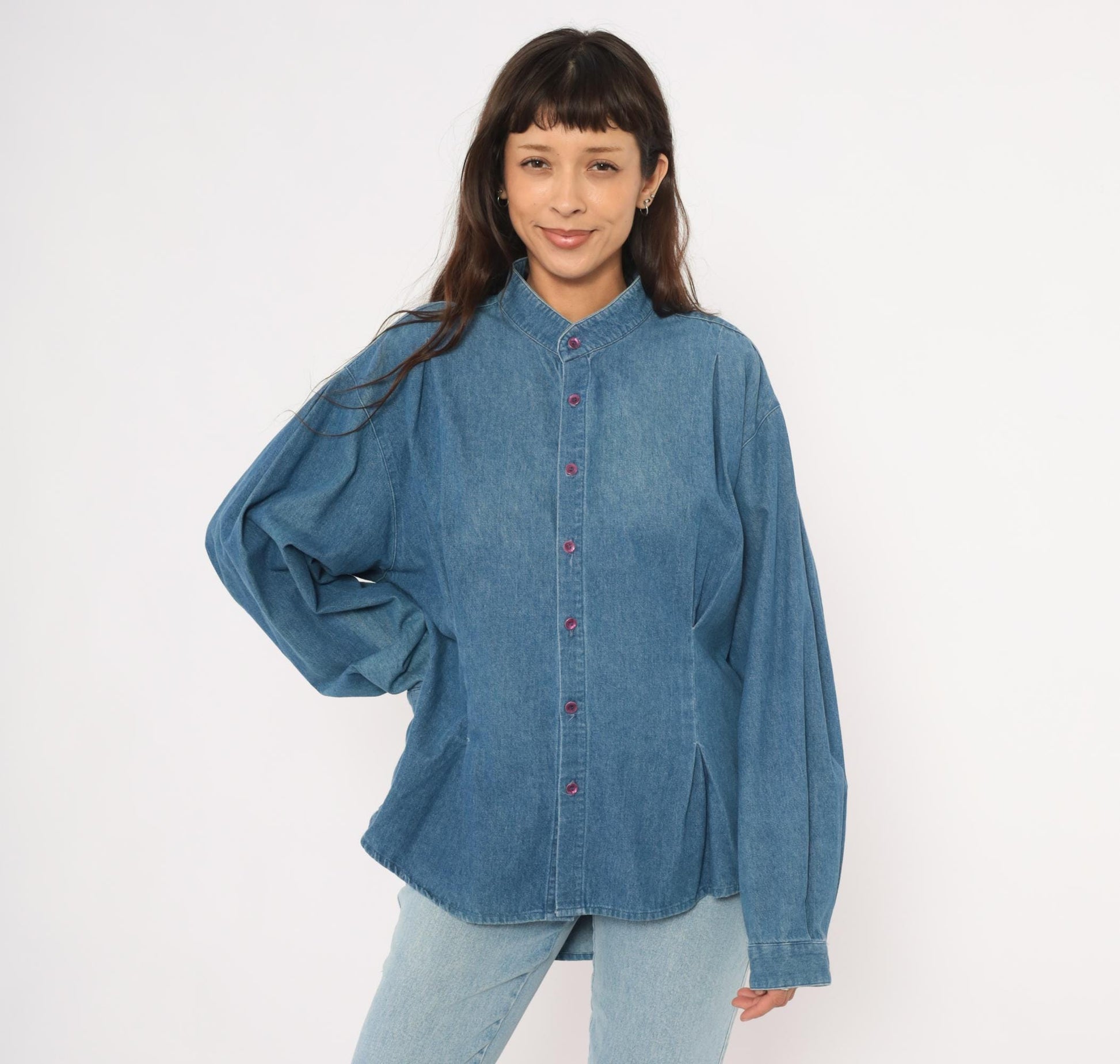 90s International Male Denim Shirt Mandarin Collar Button Front Blue Chambray Large L
