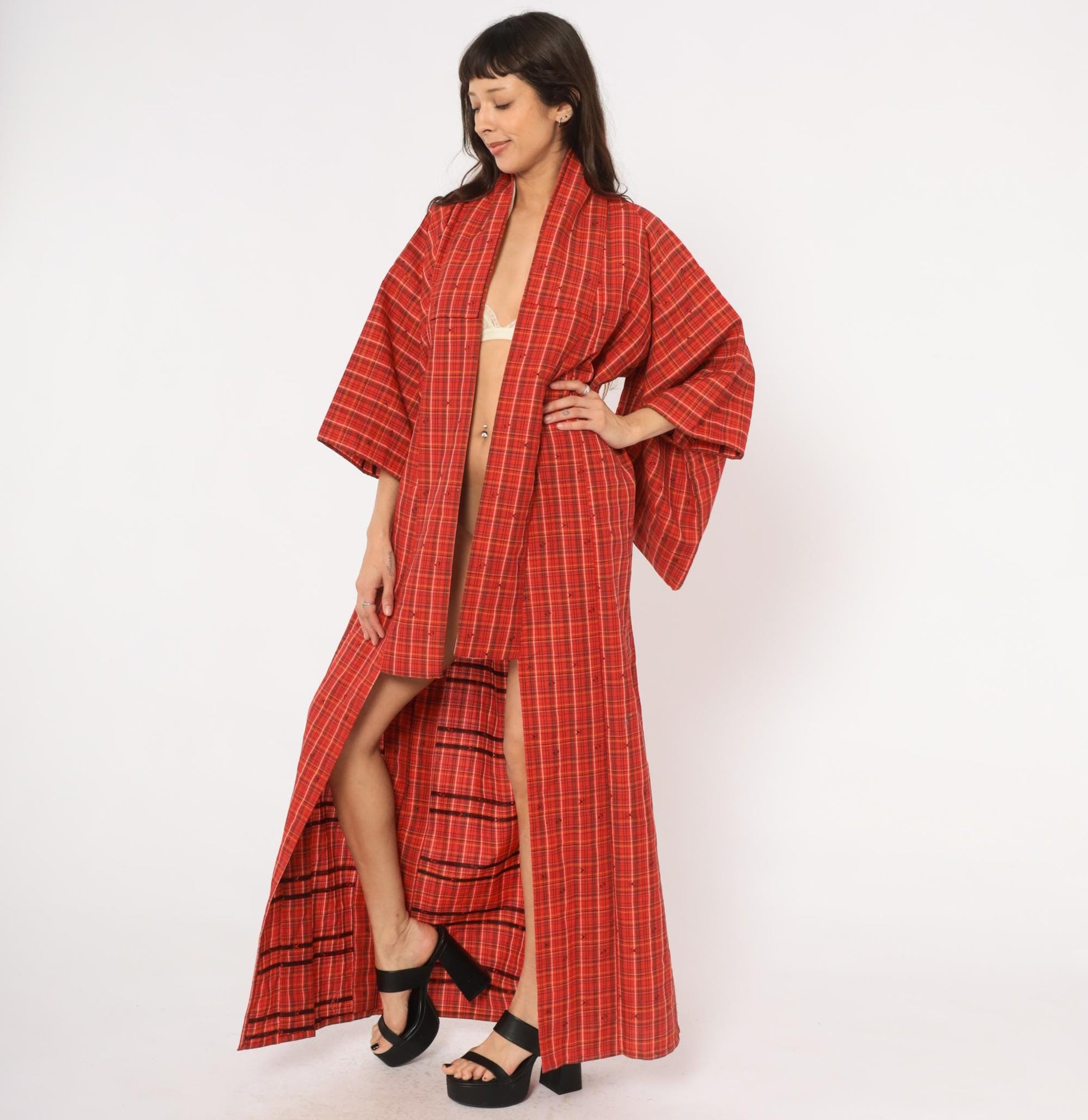 70s Red Plaid Wool Kimono Robe Floor Length Open Front Tartan Duster