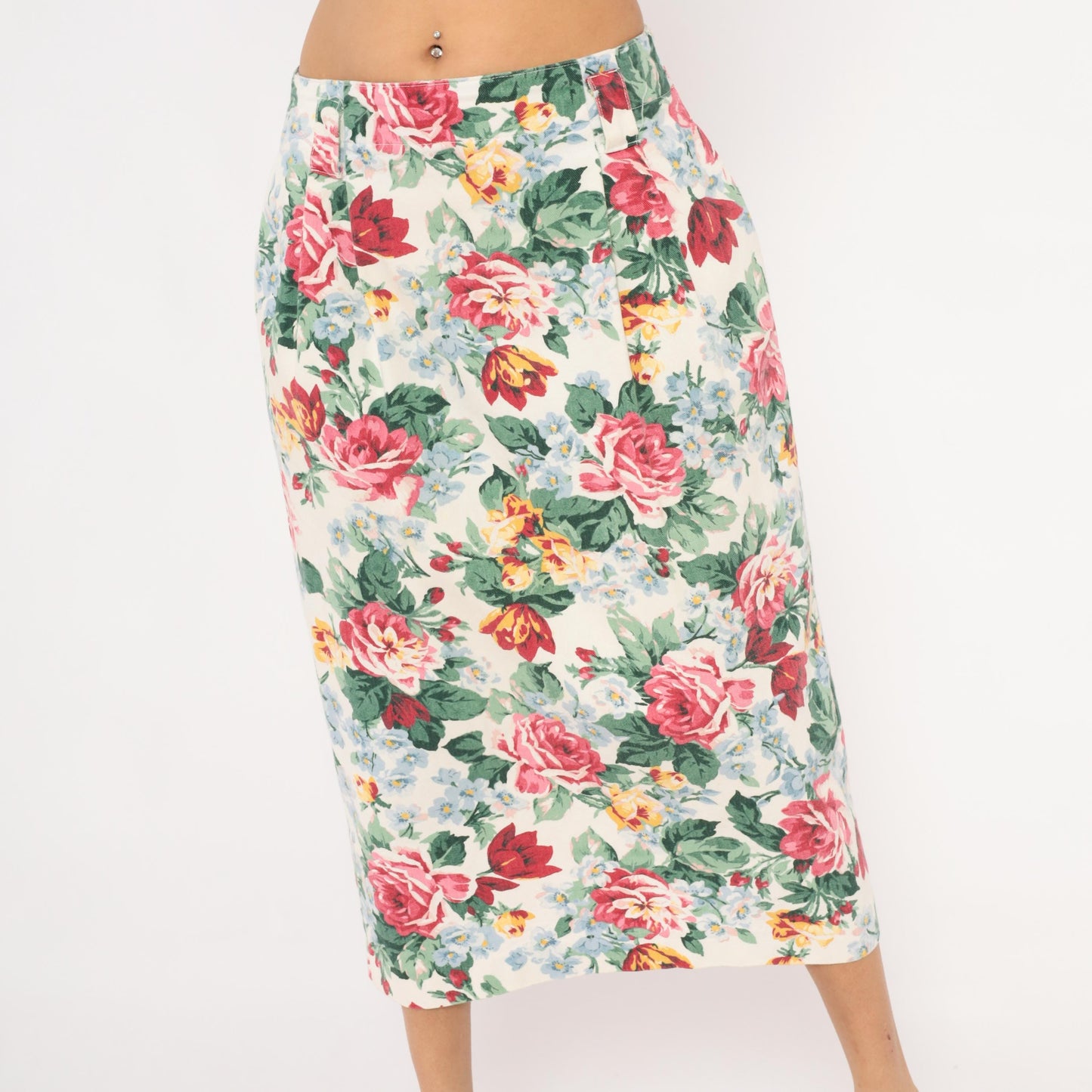 90s Gotcha Covered Floral Pencil Skirt Cream Rose Print Cotton Medium L