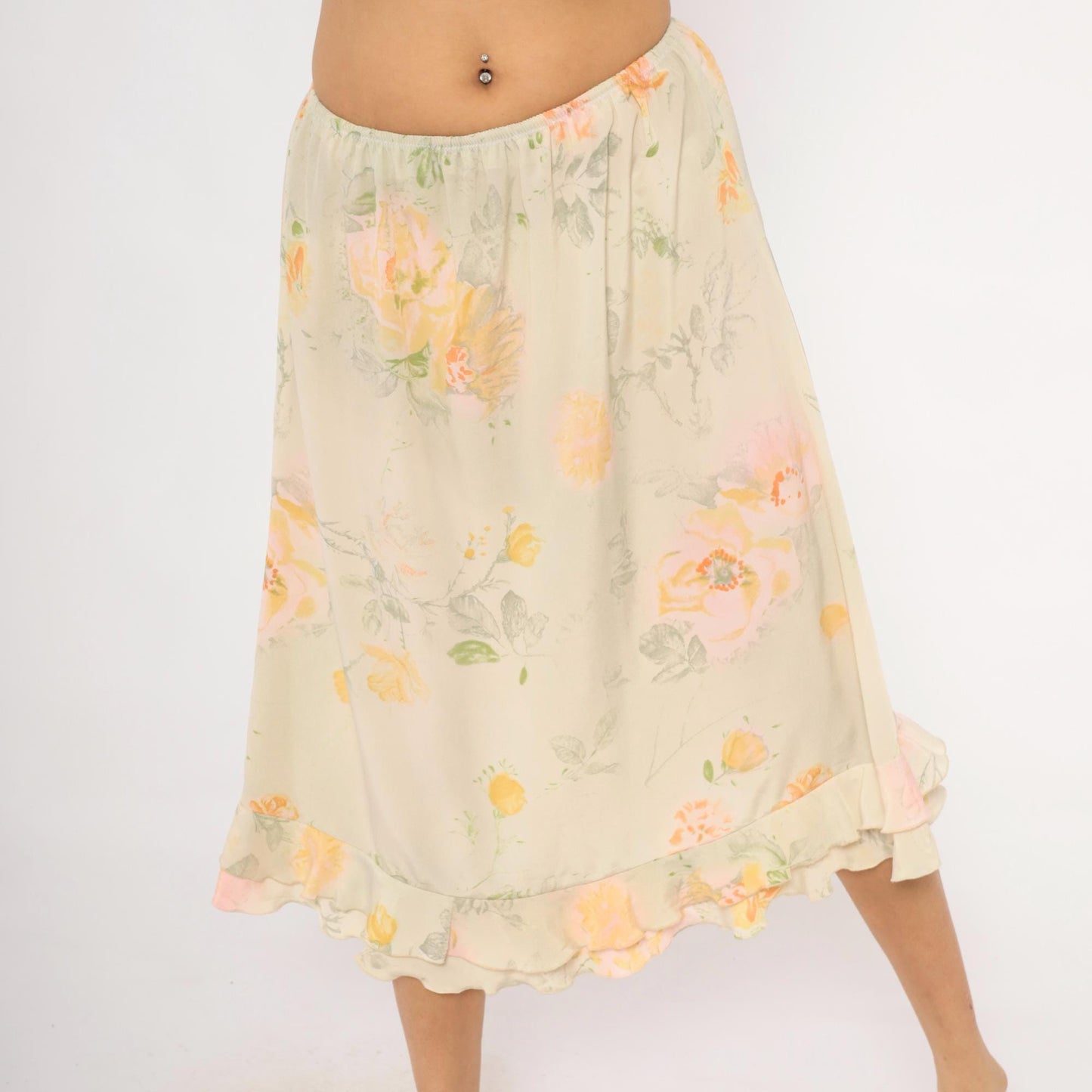 90s Watercolor Floral Midi Skirt Ruffle Hem Cream Peach Sage Green Small