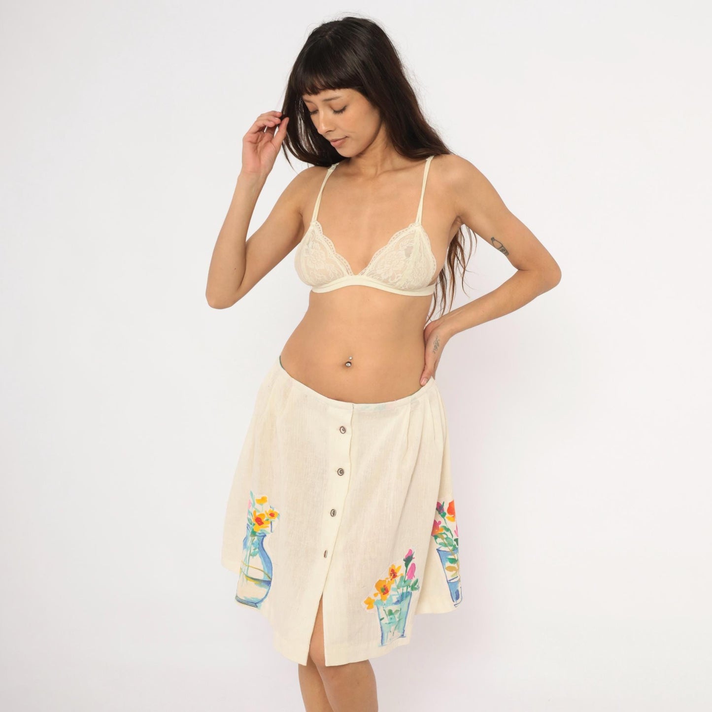 90s Cream Linen A-Line Mini Skirt Watercolor Floral Vase Appliqué Medium