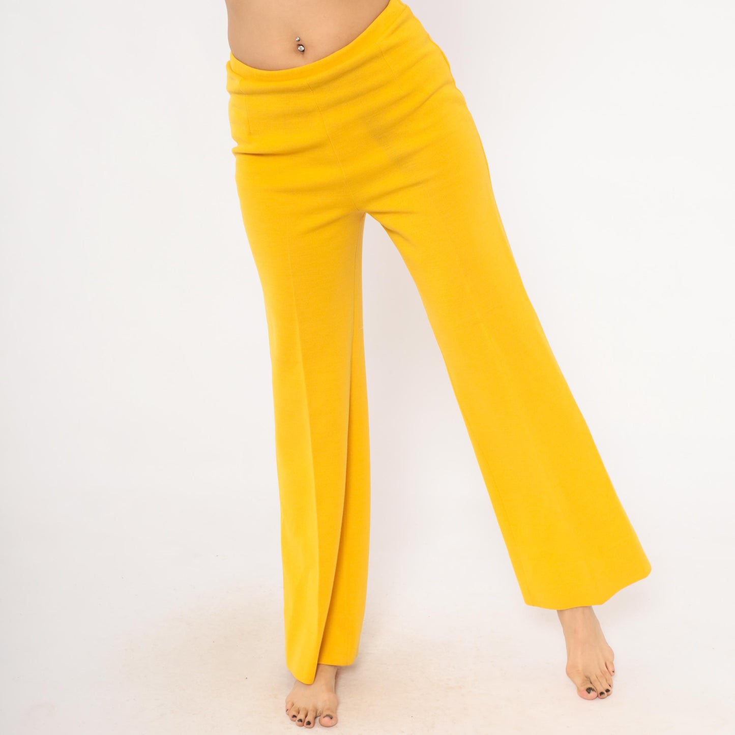 70s Mustard Wide Leg Trousers Pull-On Wool Blend High Waist Straight Leg Large L