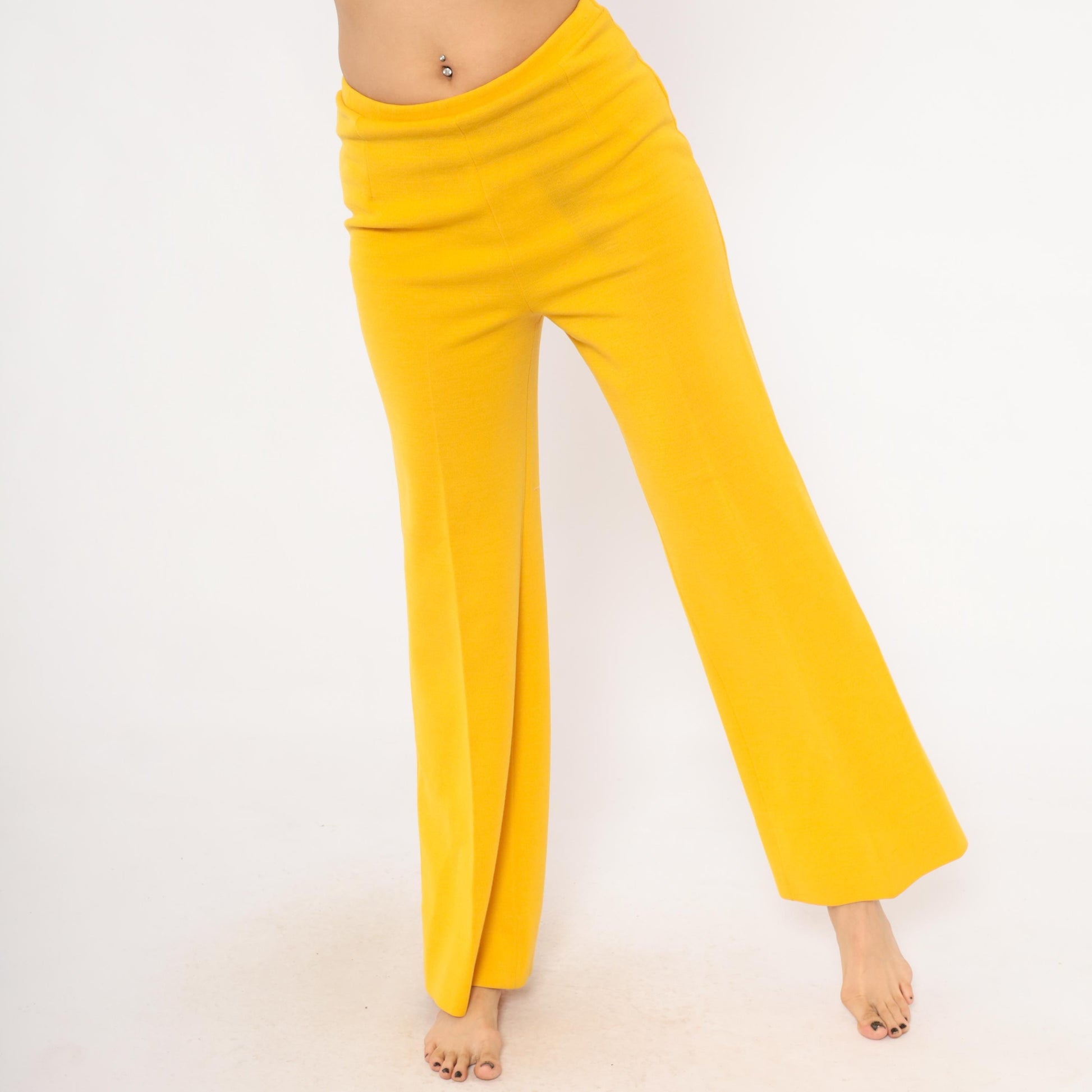 70s Mustard Wide Leg Trousers Pull-On Wool Blend High Waist Straight Leg Large L