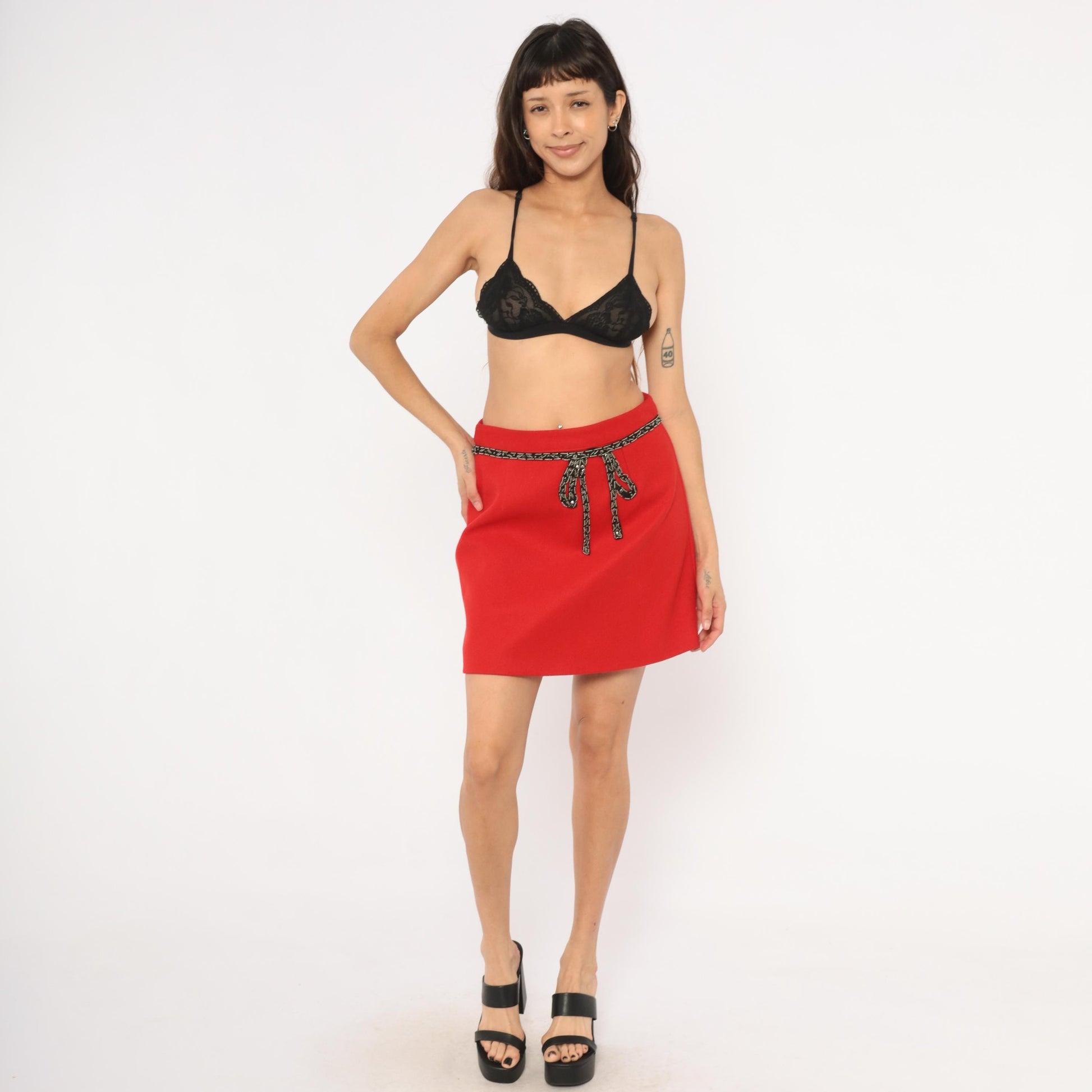 Y2K Red A-Line Mini Skirt Beaded Bow Waistband Large L