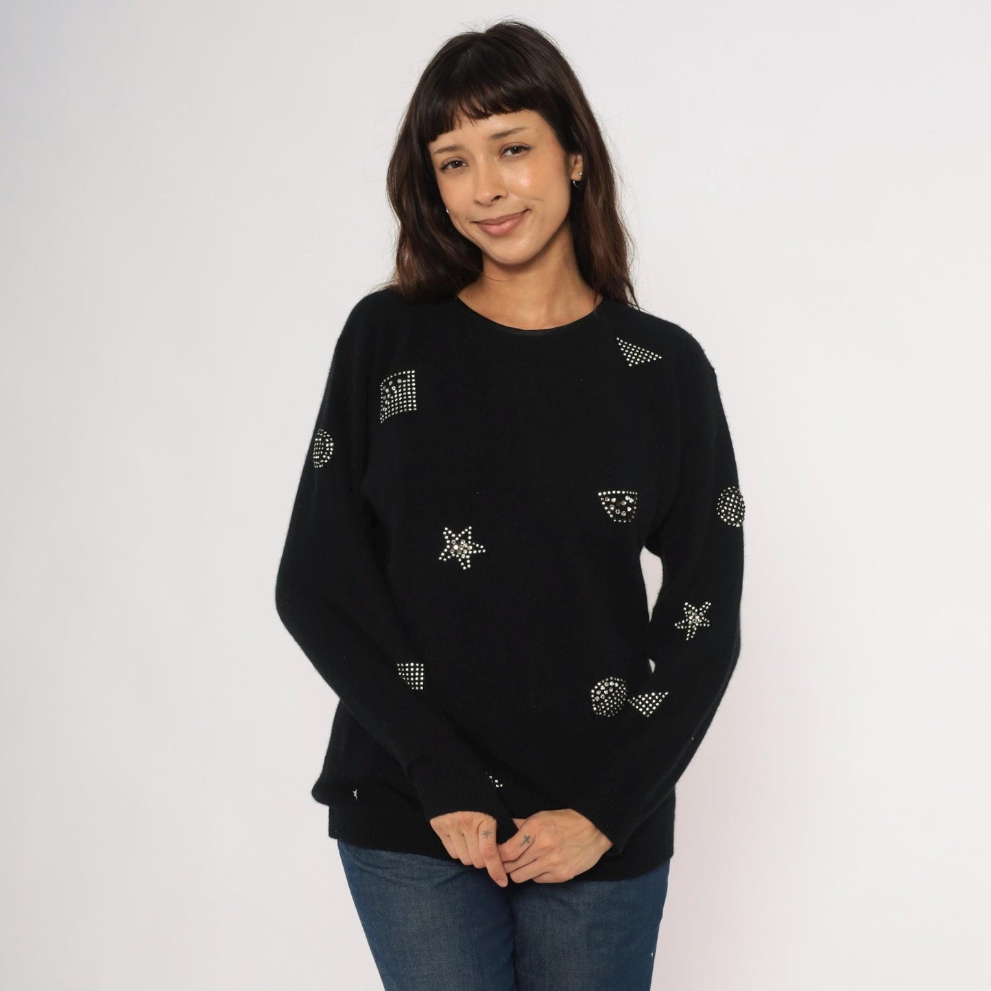 80s Adrienne Vittadini Rhinestone Studded Wool Angora Crewneck Pullover Black Medium