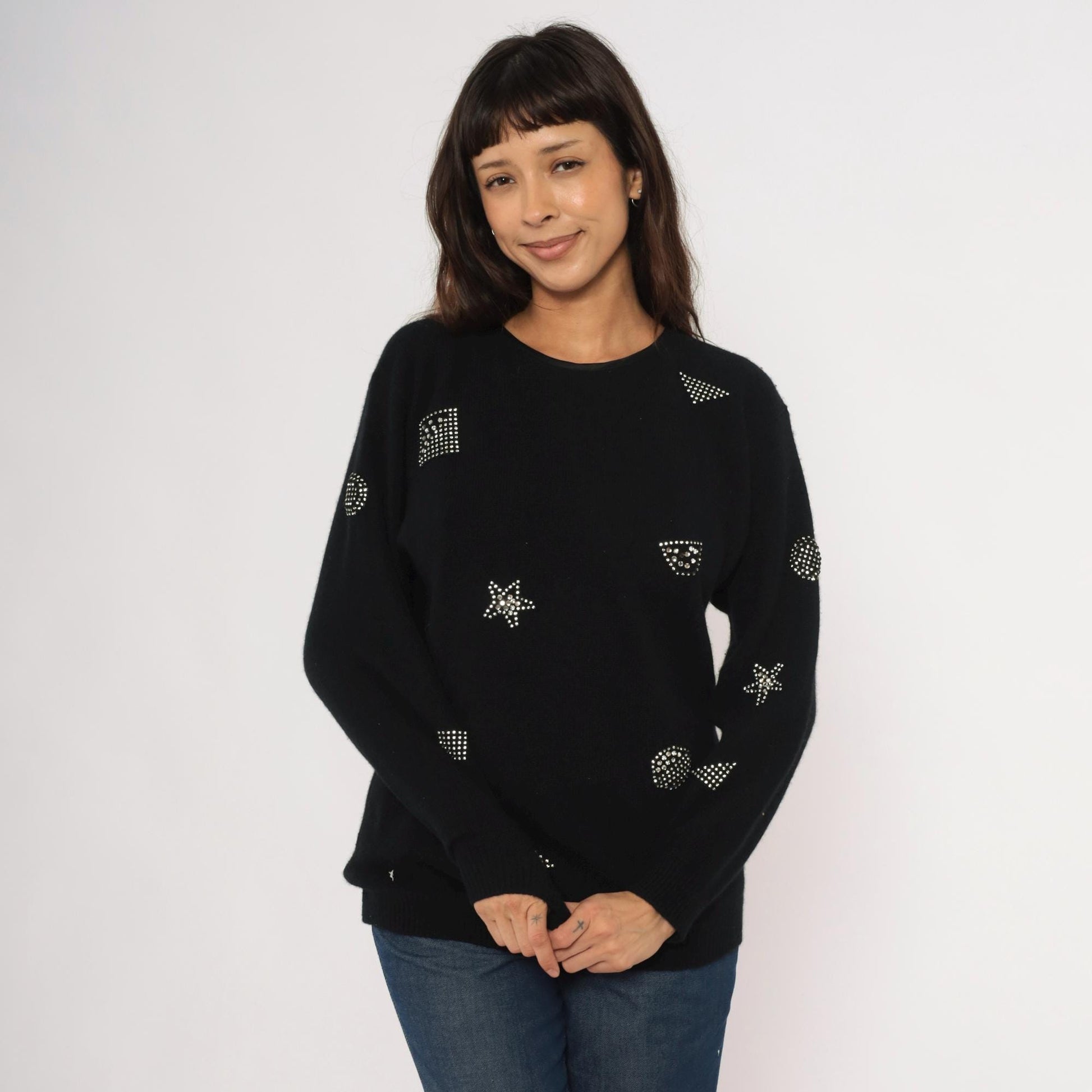 80s Adrienne Vittadini Rhinestone Studded Wool Angora Crewneck Pullover Black Medium