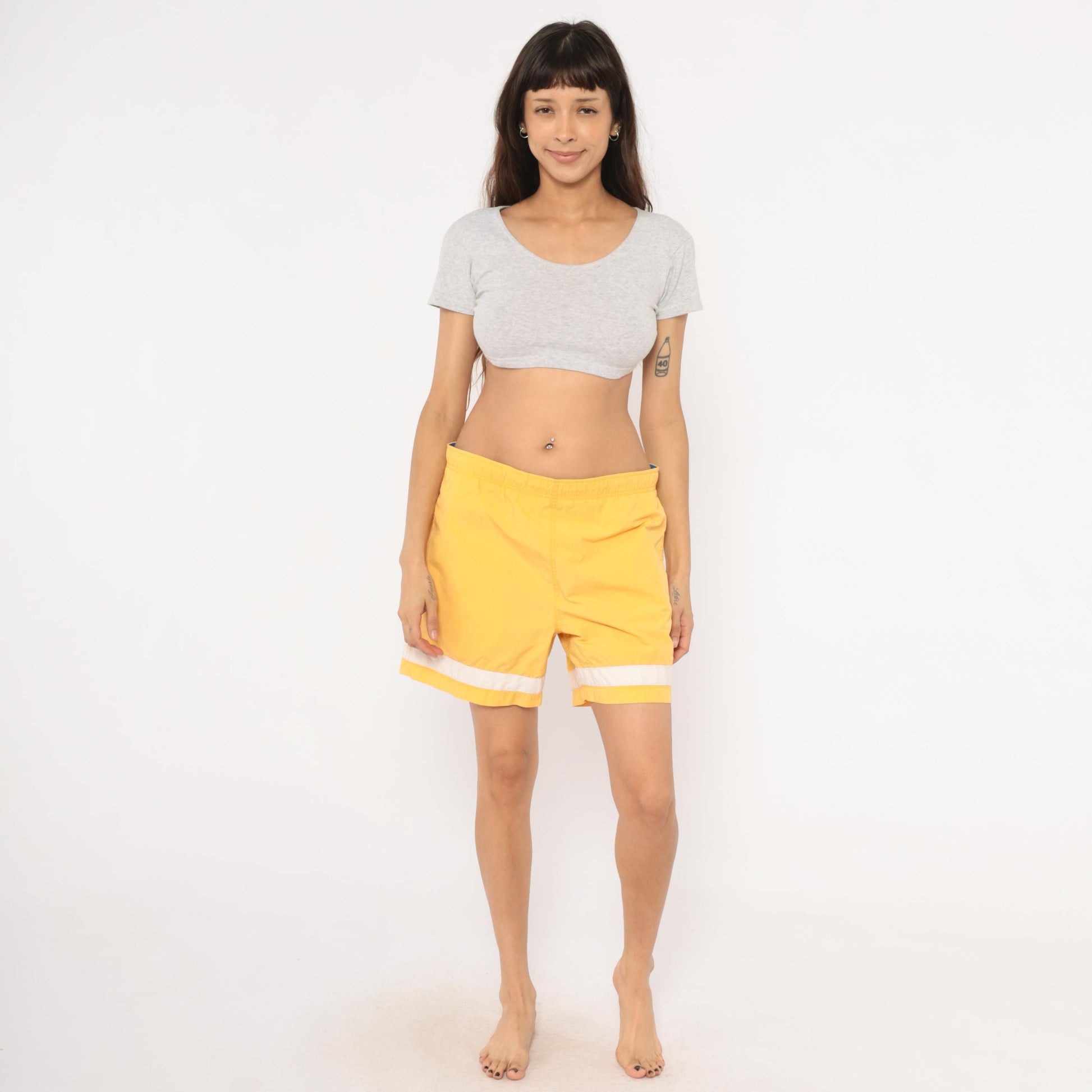 Nautica Yellow Swim Trunks White Stripe Embroidered Logo 2000s Board Short Medium