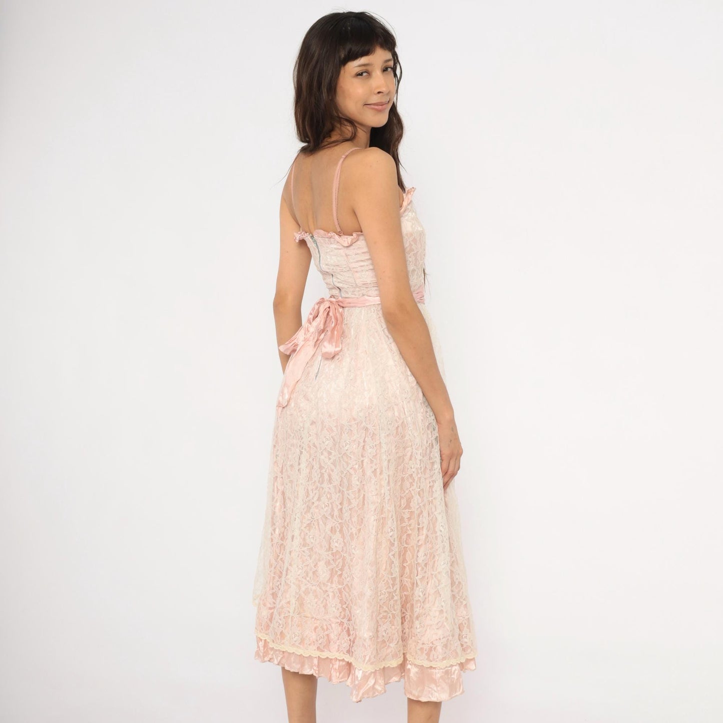 60s Blush Pink Lace Midi Dress Sweetheart Neckline Satin Bow Back Extra Small XS