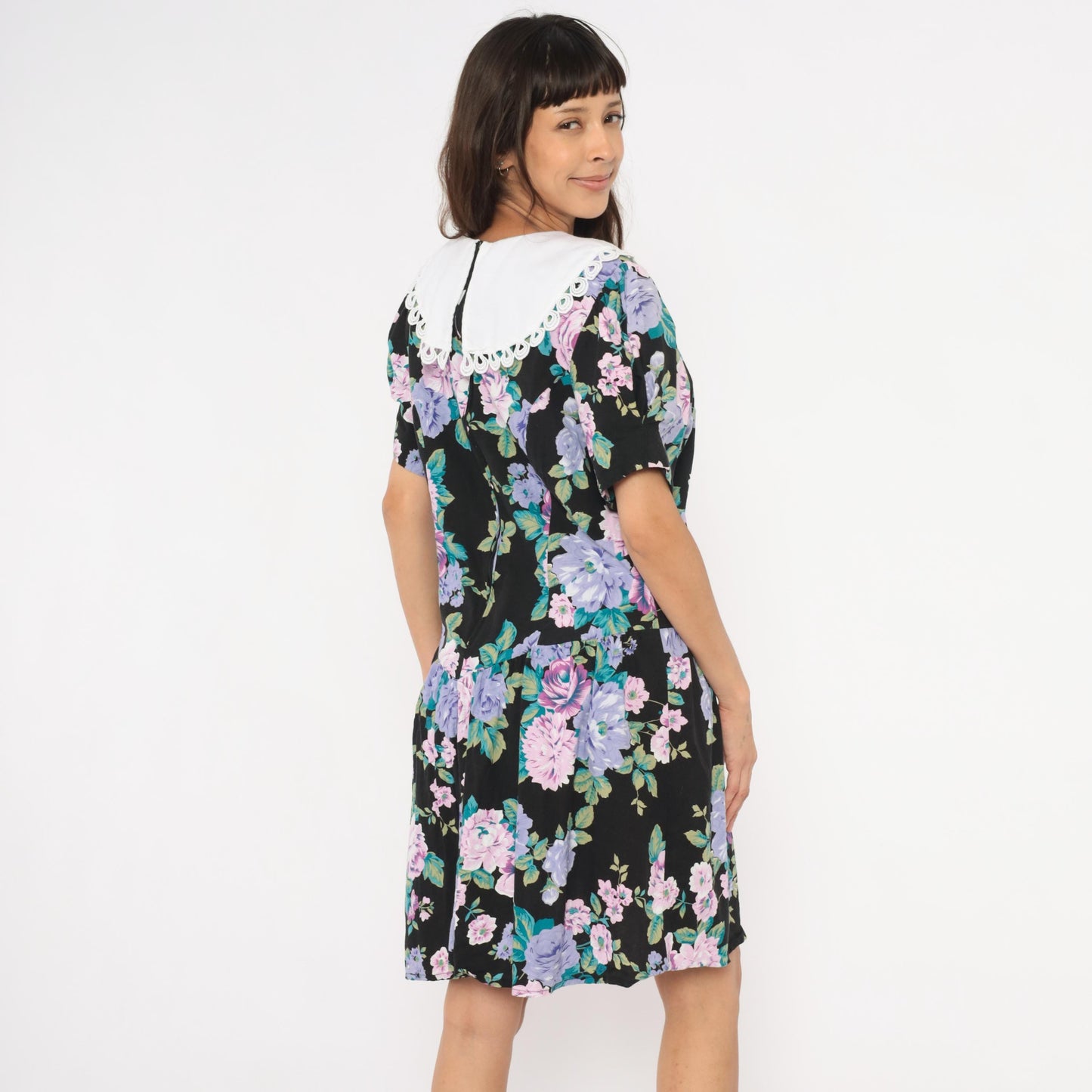 90s Ms. Basia California Floral Drop Waist Dress Black Rose Print Knee Length Large