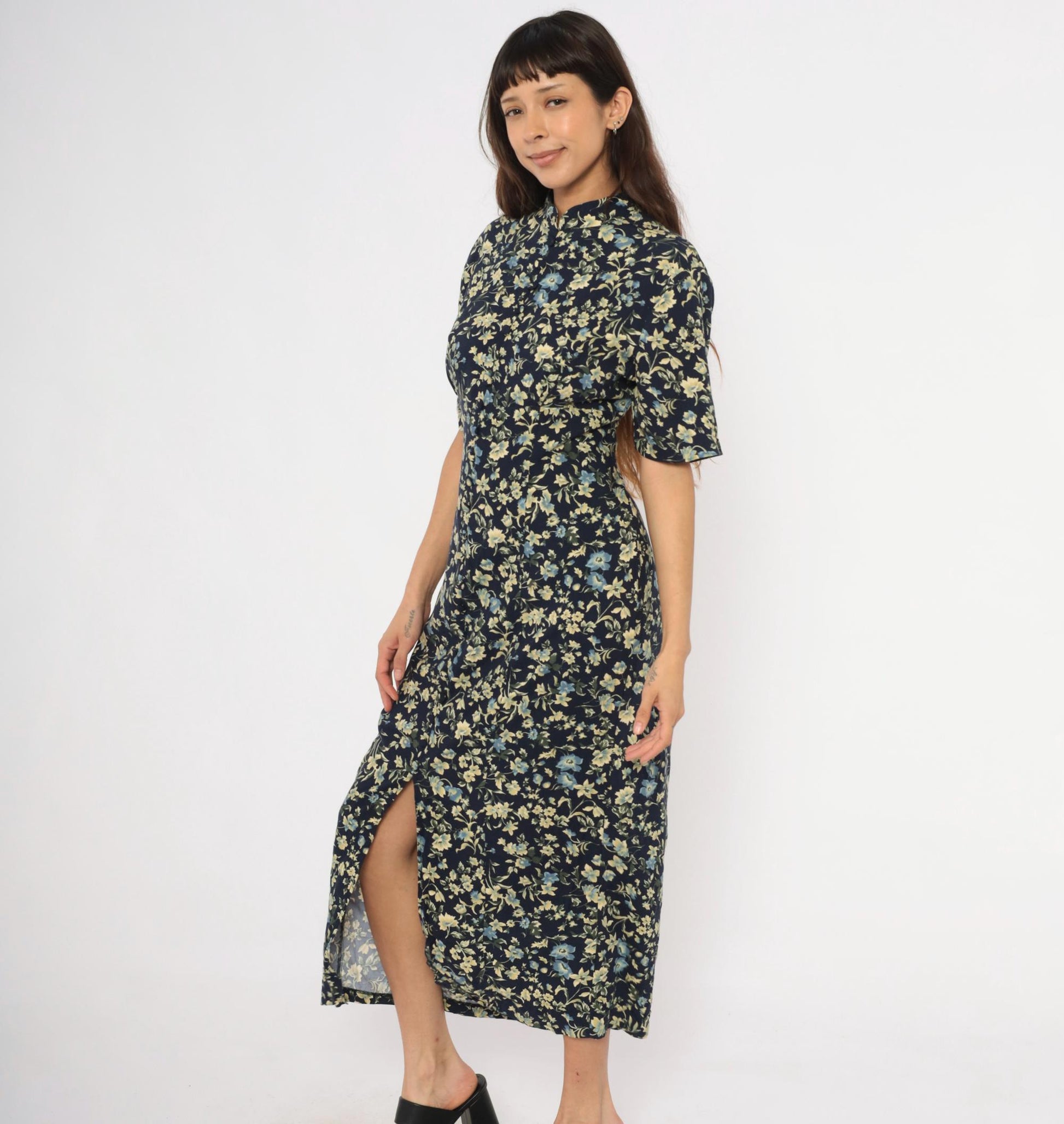 90s Express Navy Floral Maxi Dress Mandarin Collar Button Front Medium M