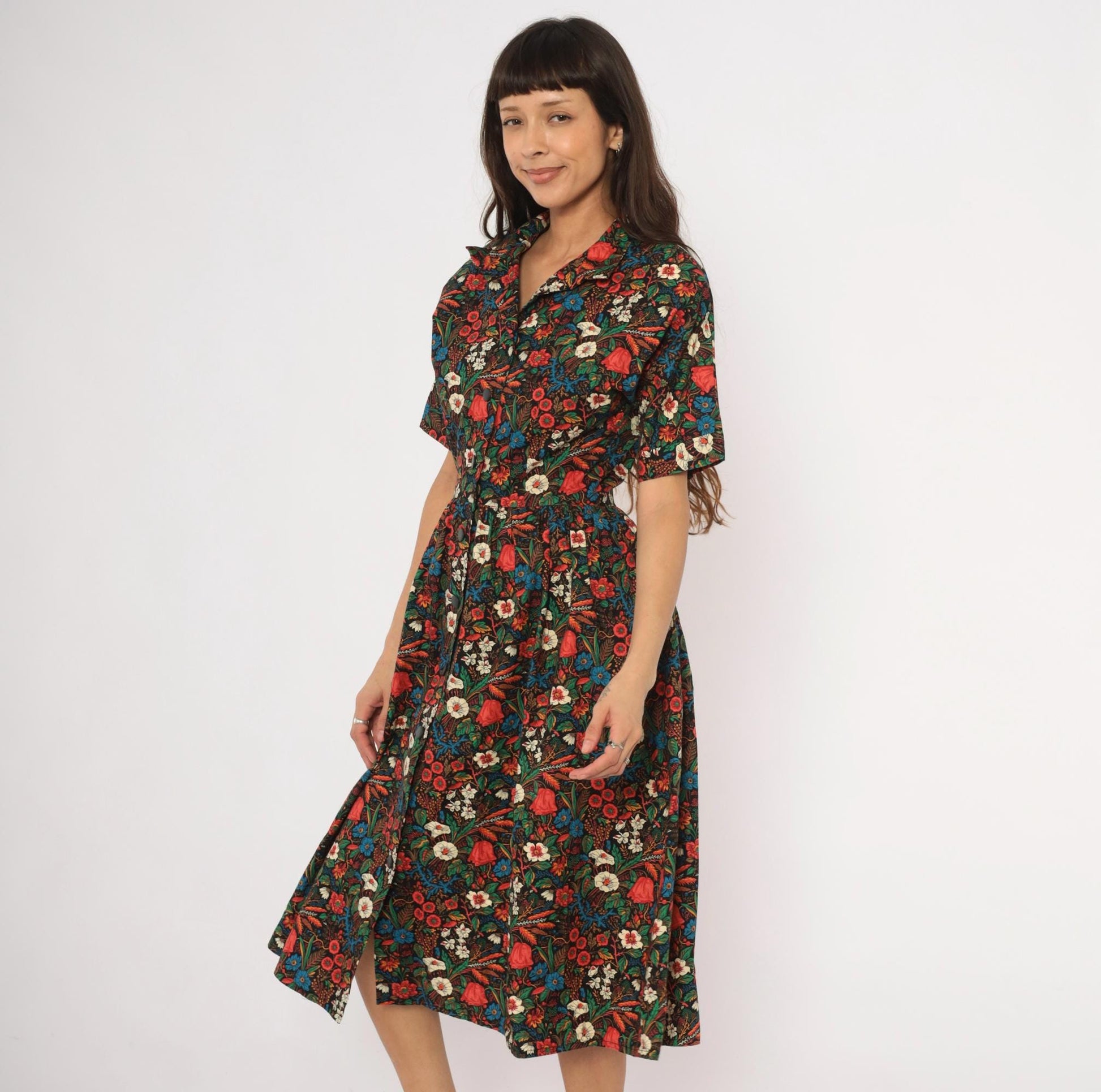 80s Black Floral Shirtdress Cotton Botanical Print Fitted Waist Small