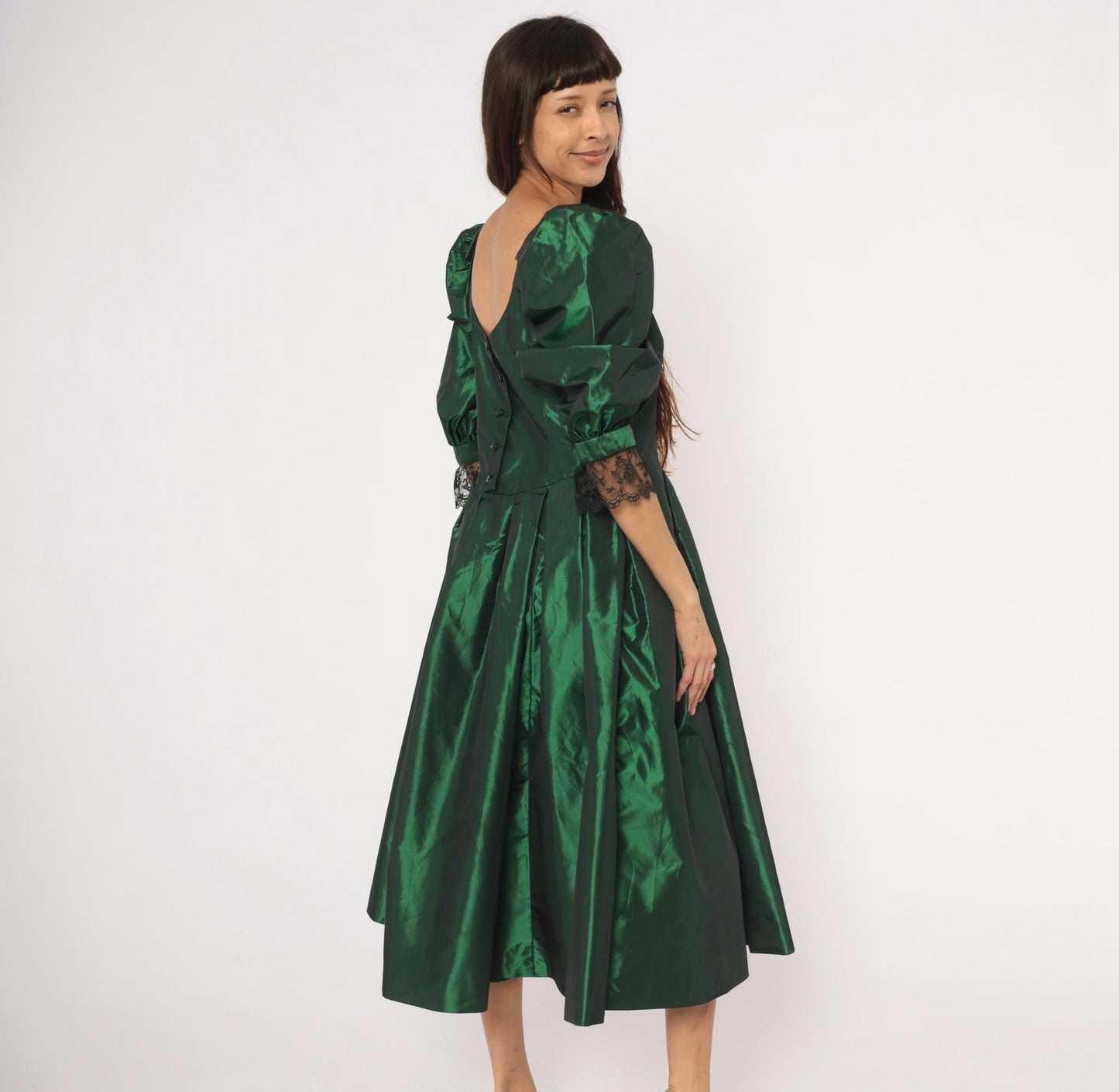 60s Emerald Taffeta Gown Puff Sleeve Forest Green Bow Shoulder Lace Cuff Large