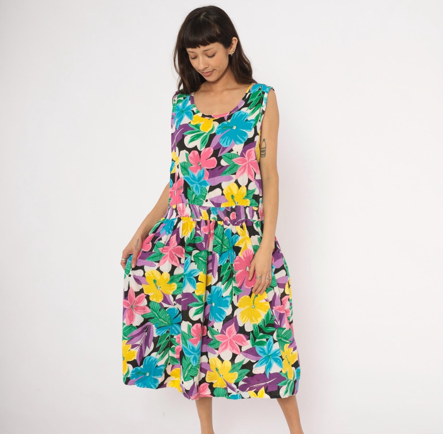 90s Tumbleweeds Tropical Hibiscus Midi Sundress Cotton Scoop Neck Large L