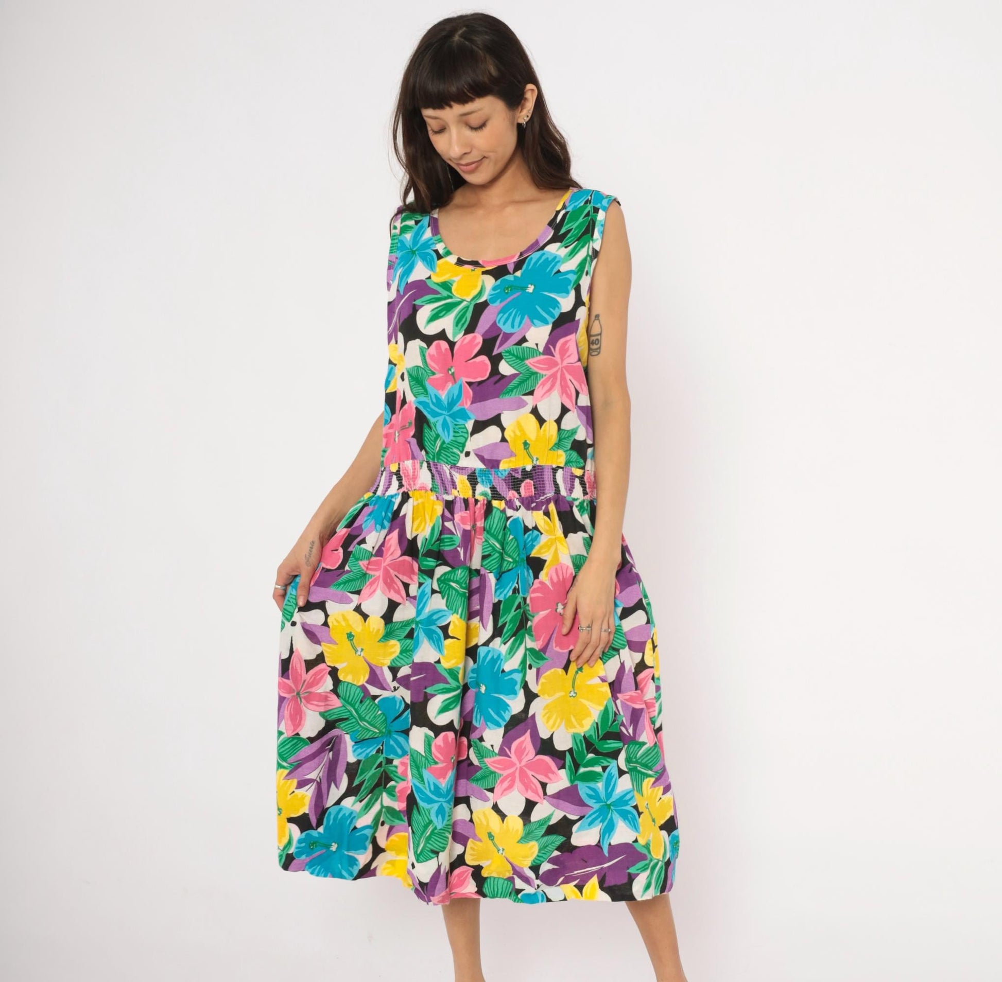 90s Tumbleweeds Tropical Hibiscus Midi Sundress Cotton Scoop Neck Large L