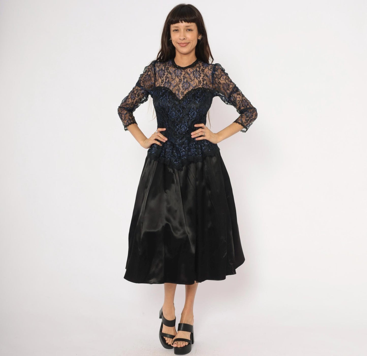 80s Gunne Sax Black Navy Floral Lace Peplum Sweetheart Gown Medium M