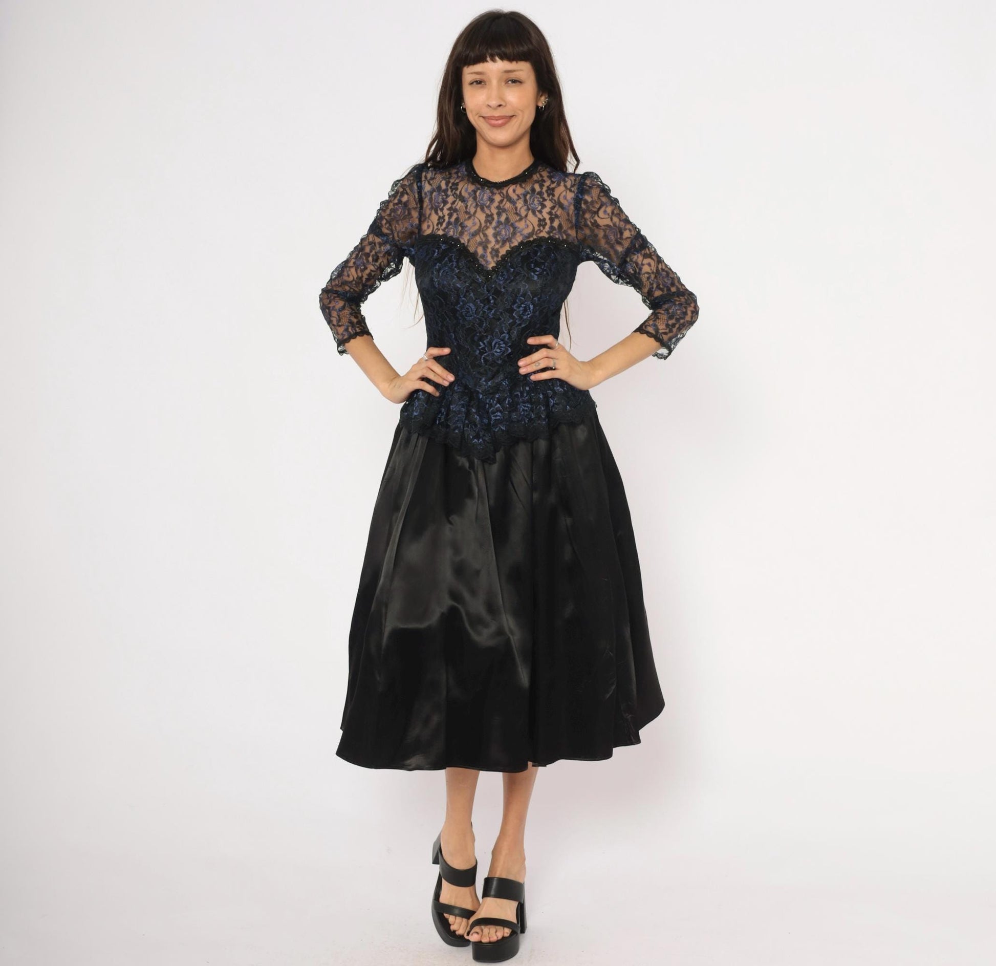 80s Gunne Sax Black Navy Floral Lace Peplum Sweetheart Gown Medium M