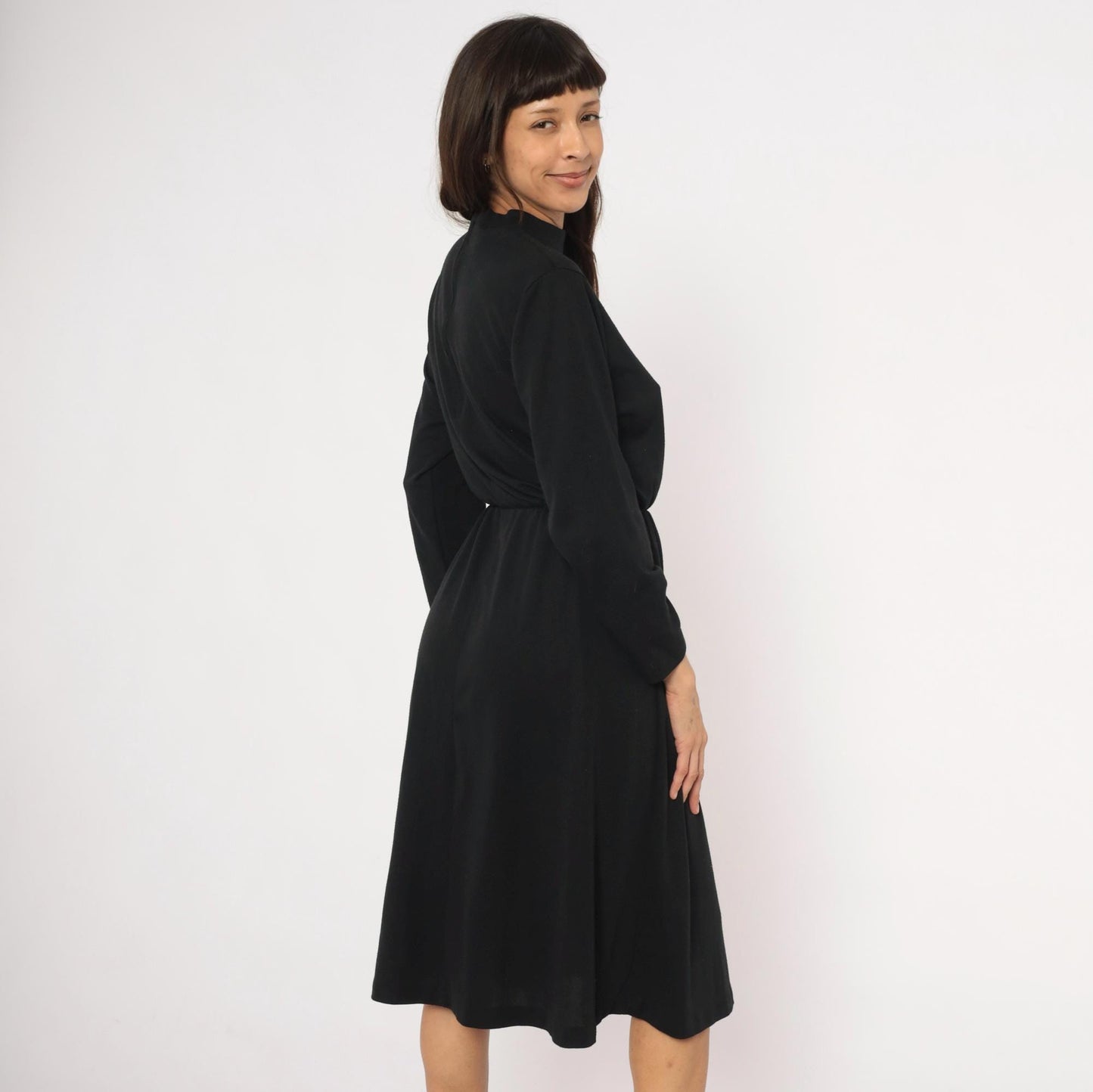 80s Philippe Marcel Black Mock Neck Dress Gathered Knee-Length Small Medium