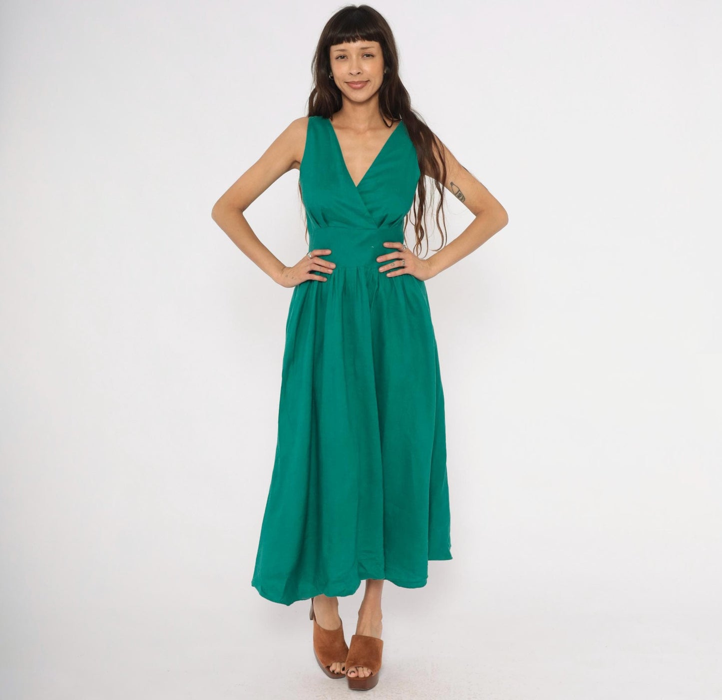 80s Kenar 2 Teal Linen Midi Dress Surplice V-Neck Sleeveless Small S